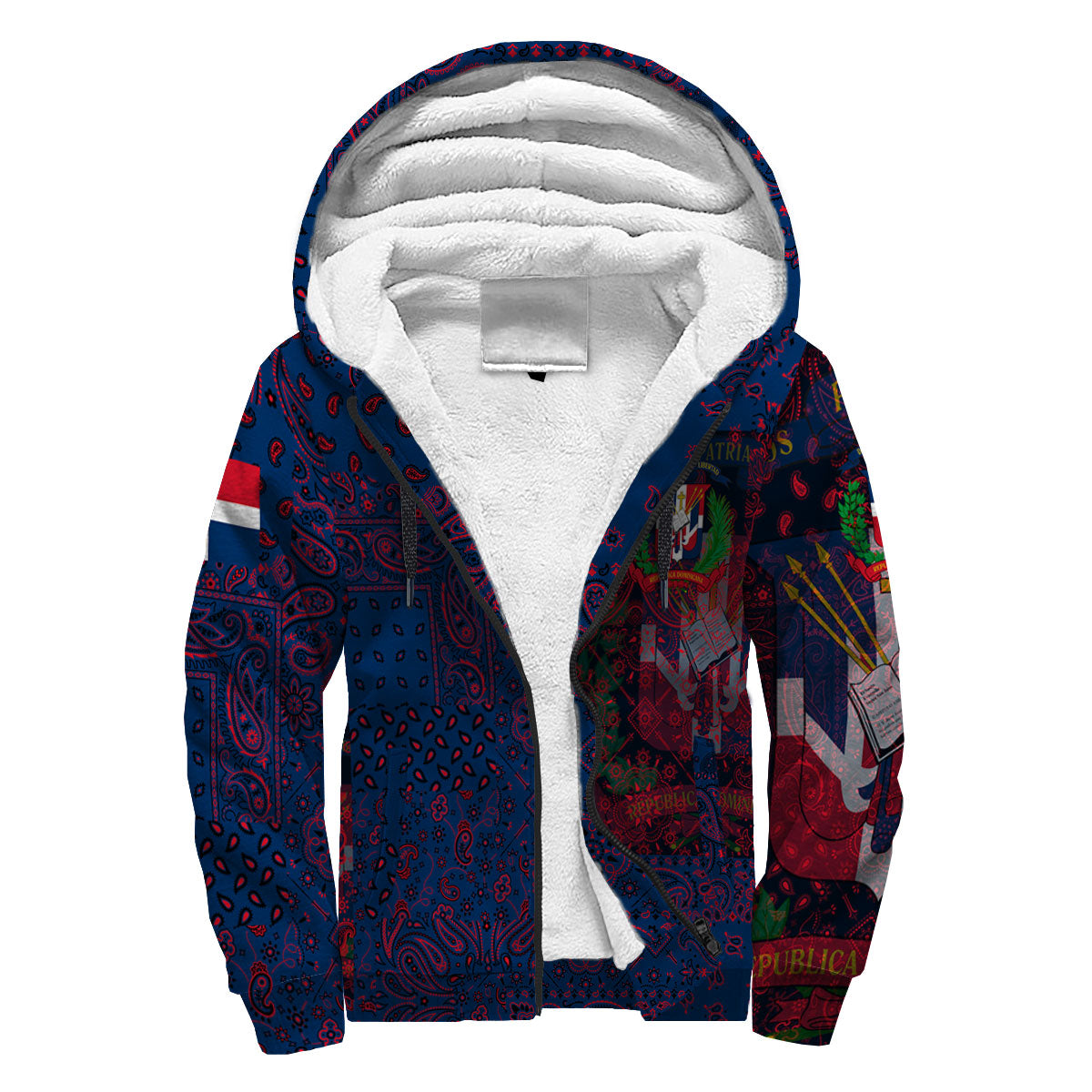 Dominican Republic Sherpa Hoodie Paisley Flag And Skull Style 3