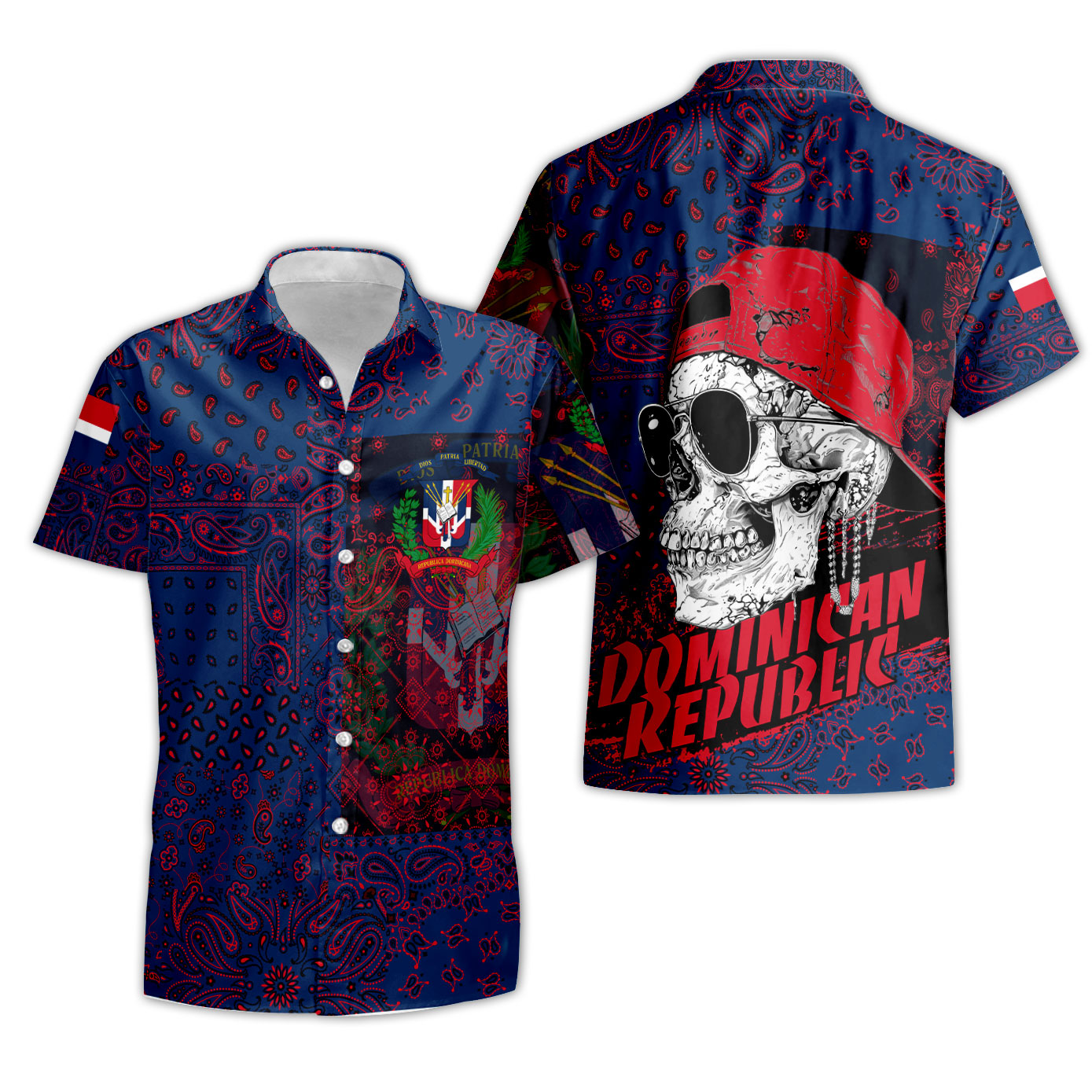 Dominican Republic Short Sleeve Shirt Paisley Flag And Skull Style 3