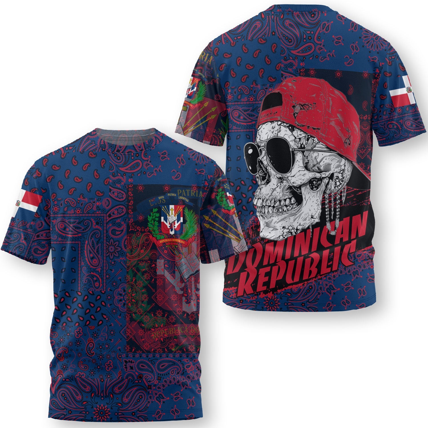 Dominican Republic T Shirt Paisley Flag And Skull Style 3