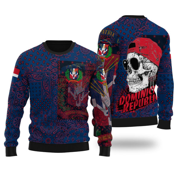 Dominican Republic Ugly Sweater Paisley Flag And Skull Style 1