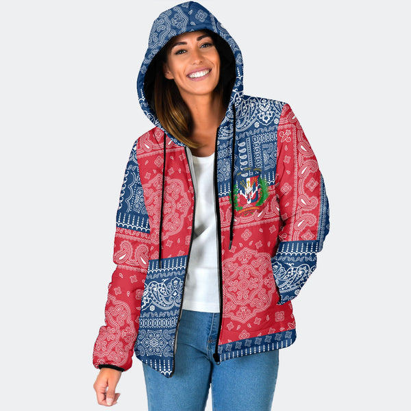 Dominican Republic Women Hooded Padded Jacket Flag And Paisley Basic Style 1