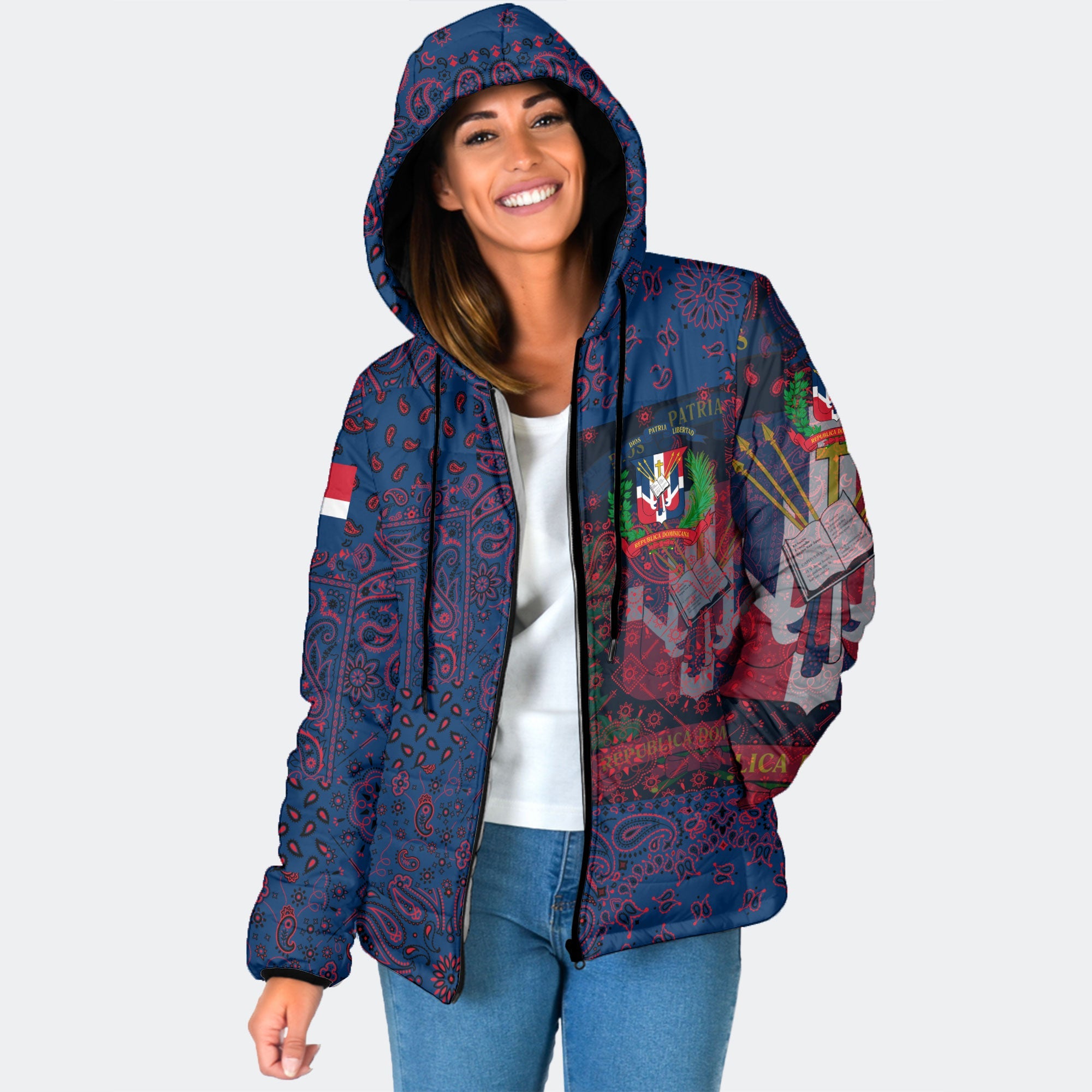 Dominican Republic Women Hooded Padded Jacket Paisley Flag And Skull Style 1