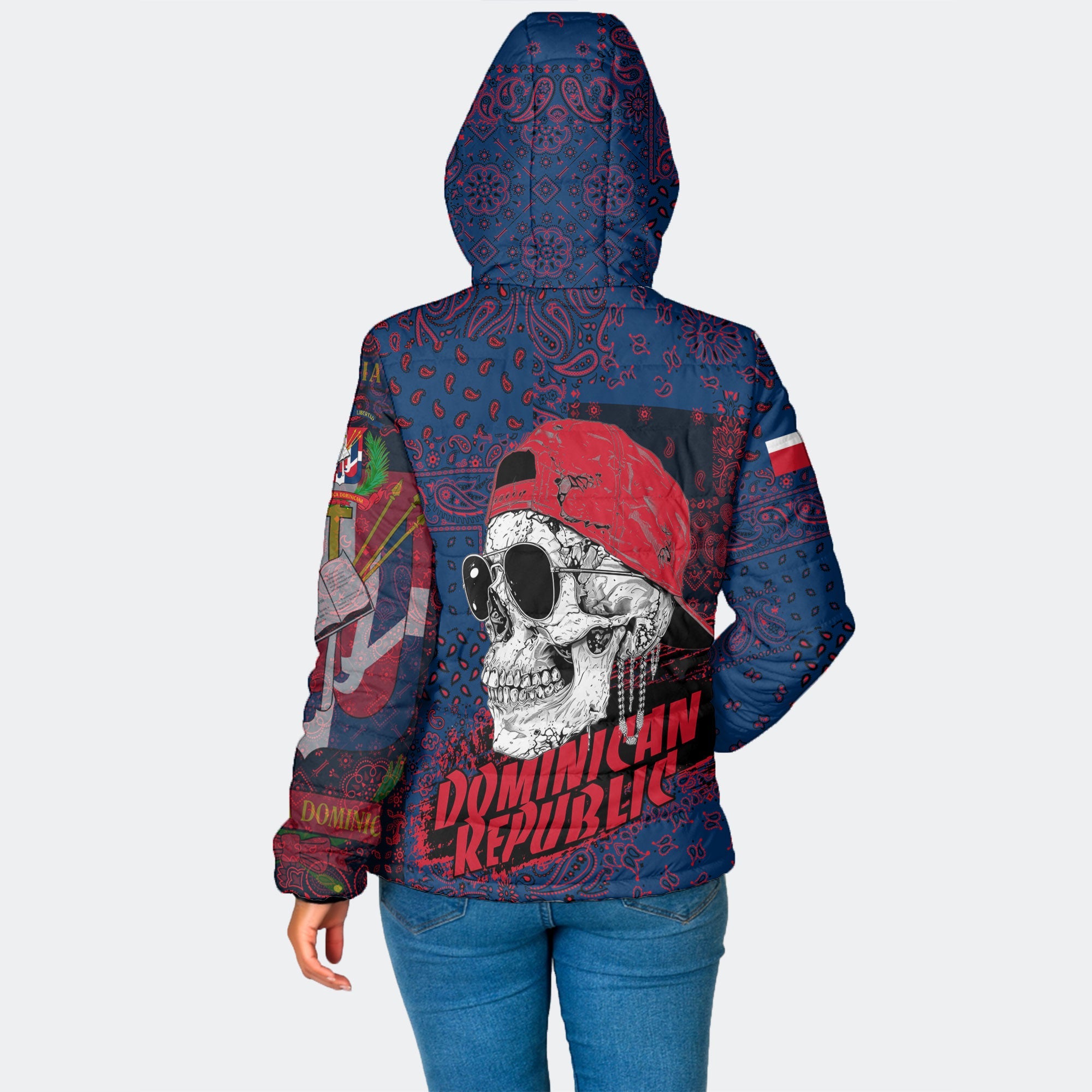 Dominican Republic Women Hooded Padded Jacket Paisley Flag And Skull Style 2