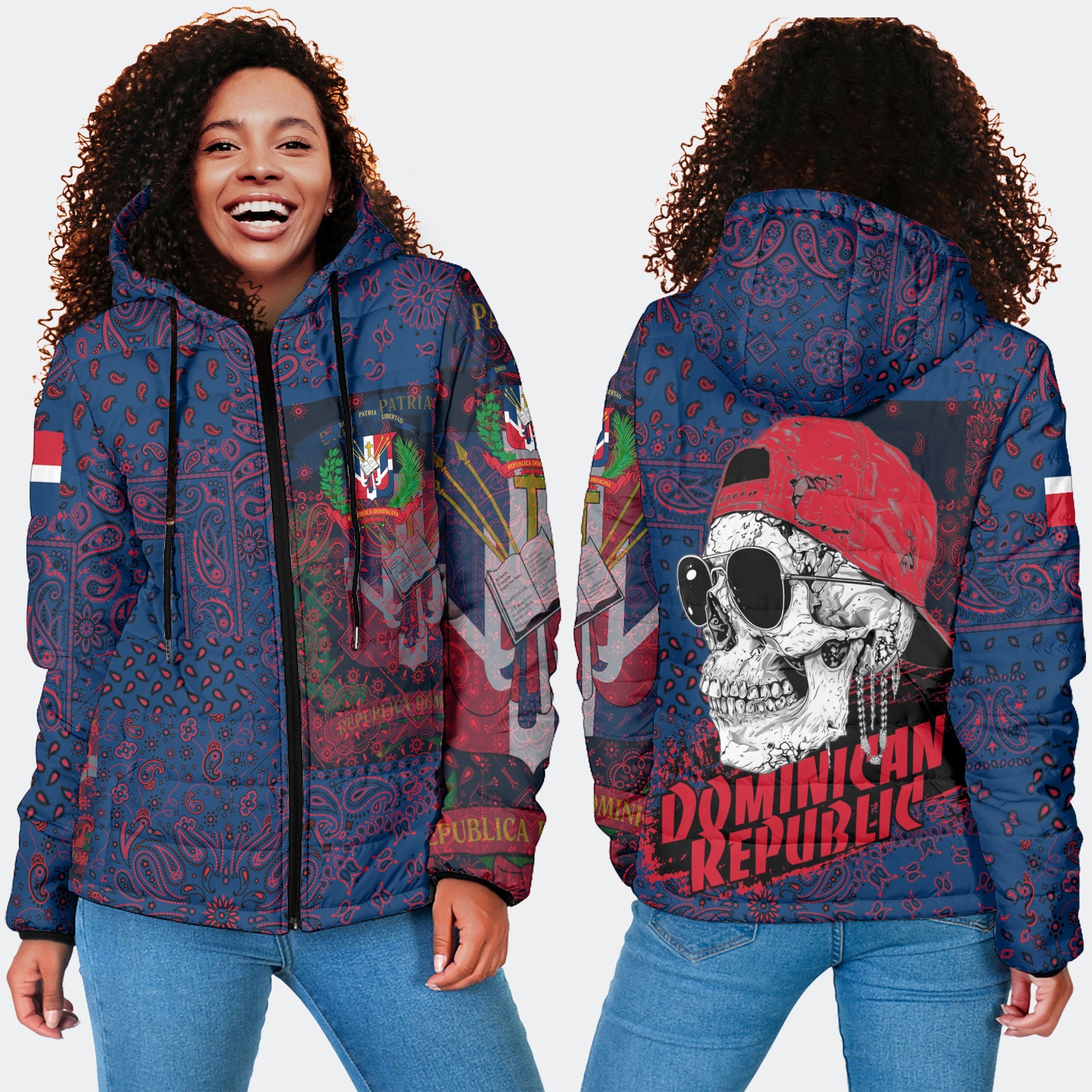 Dominican Republic Women Hooded Padded Jacket Paisley Flag And Skull Style 4