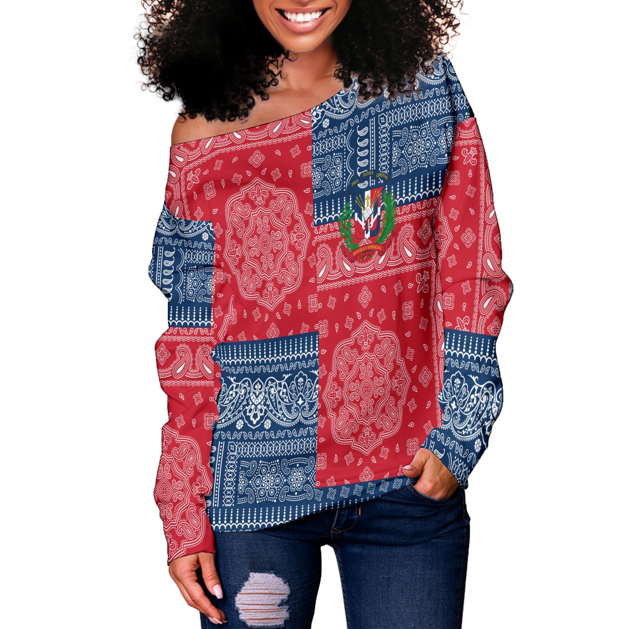 Dominican Republic Women Off Shoulder Sweatshirt Flag And Paisley Basic Style 2