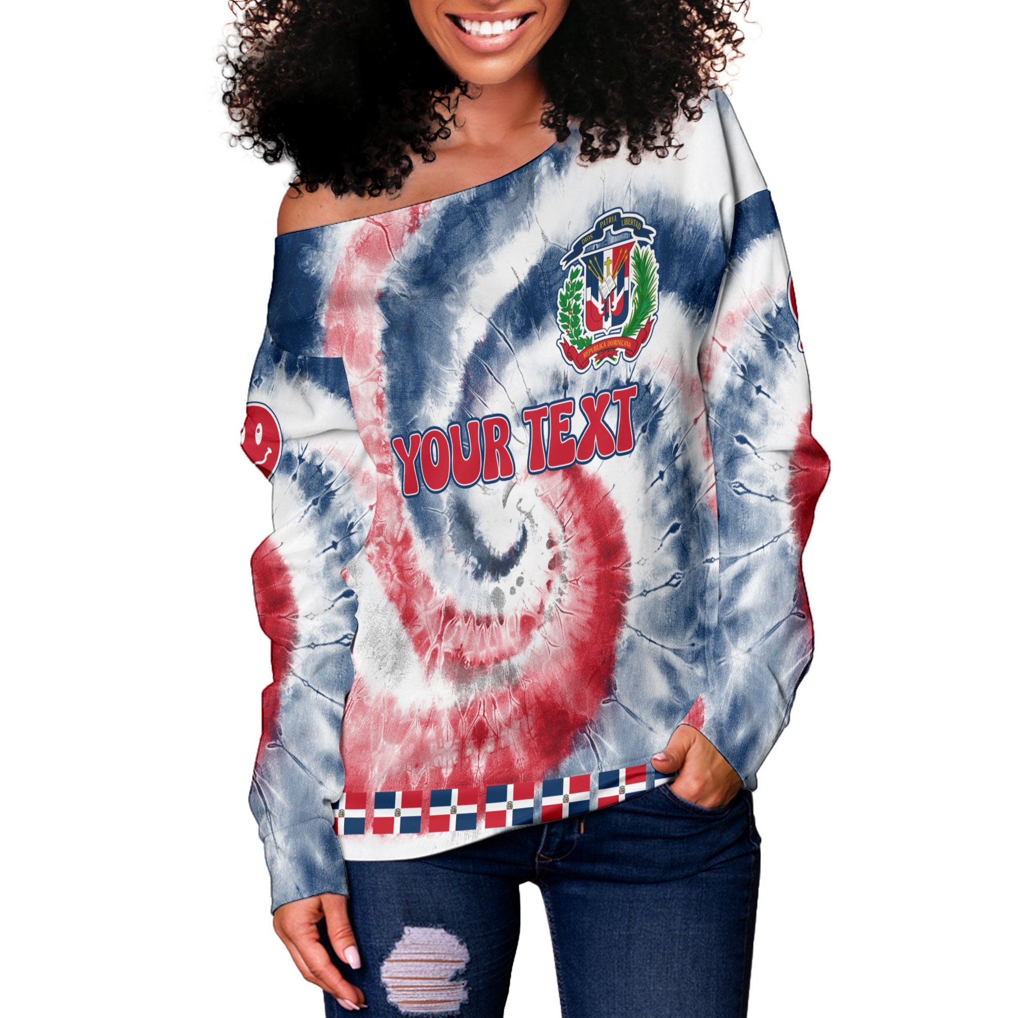 Dominican Republic Women Off Shoulder Sweatshirt Custom Tie Dye Style 3