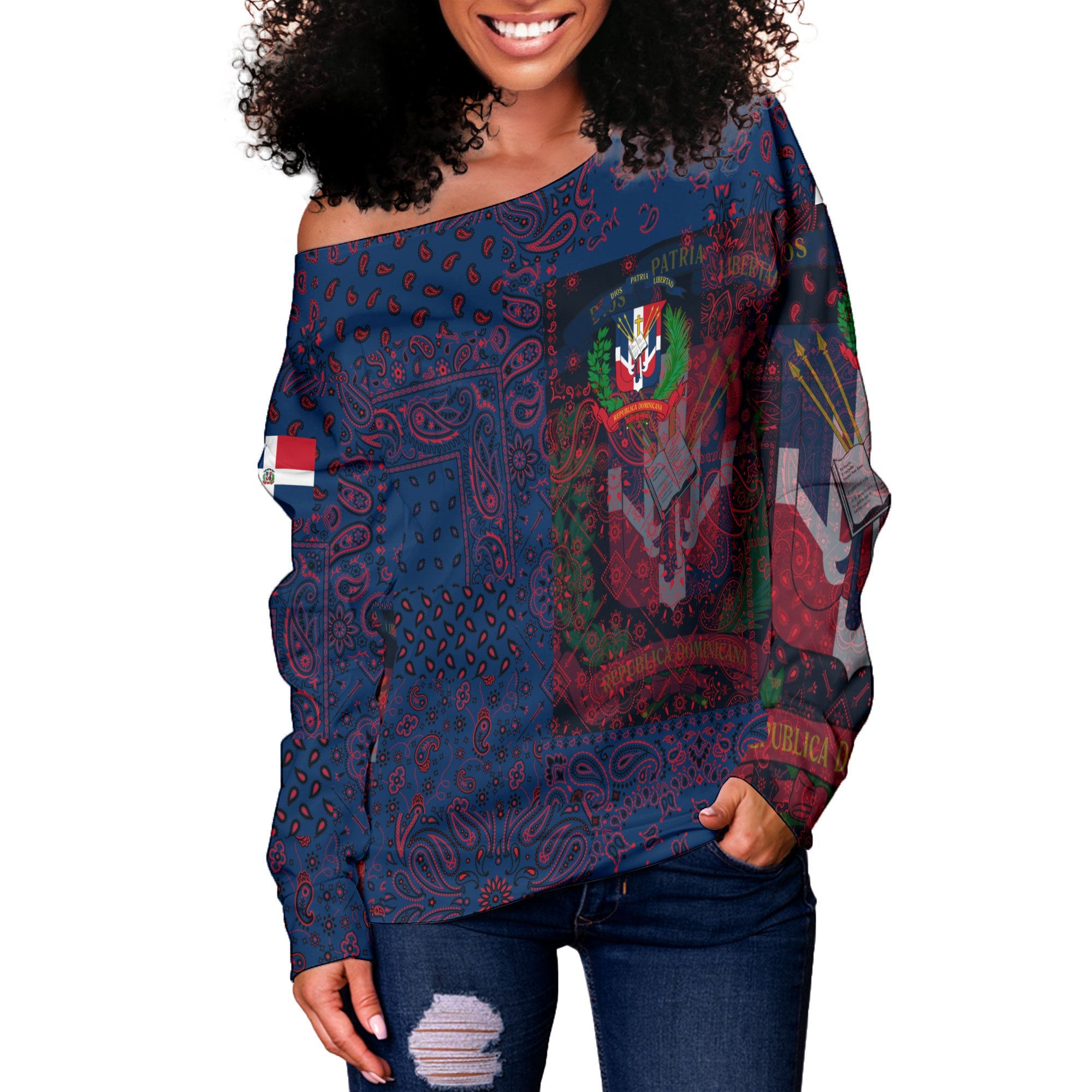 Dominican Republic Women Off Shoulder Sweatshirt Paisley Flag And Skull Style 2