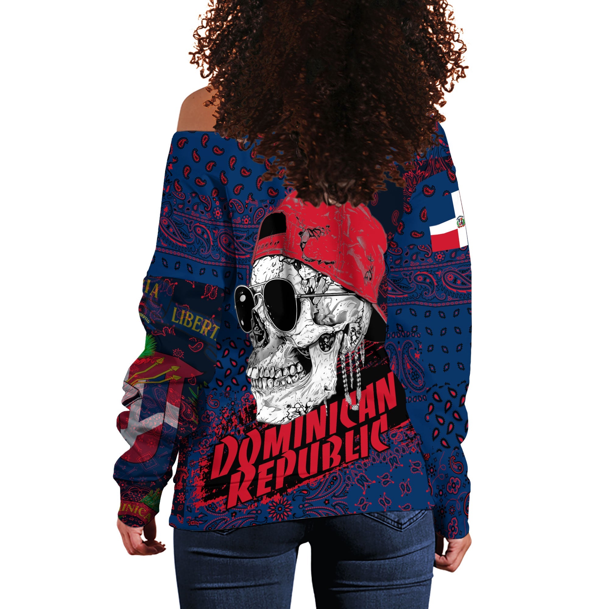 Dominican Republic Women Off Shoulder Sweatshirt Paisley Flag And Skull Style 3