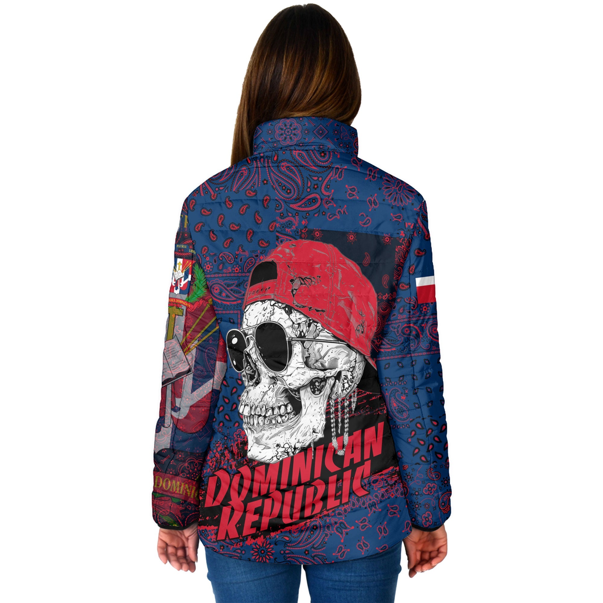 Dominican Republic Women Padded Jacket Paisley Flag And Skull Style 2