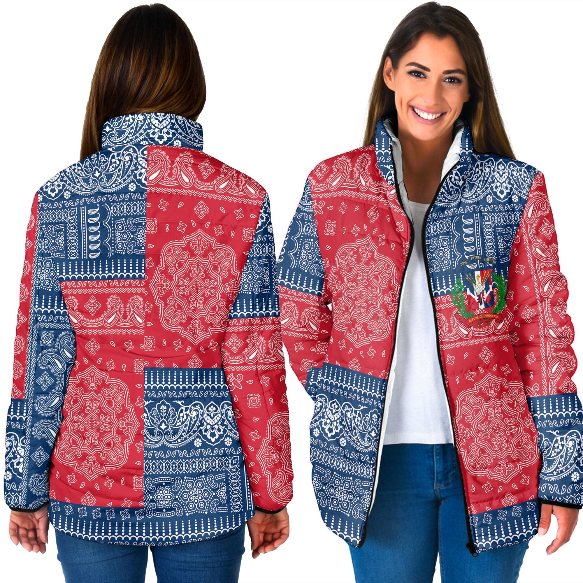 Dominican Republic Women Padded Jacket Flag And Paisley Basic Style 3