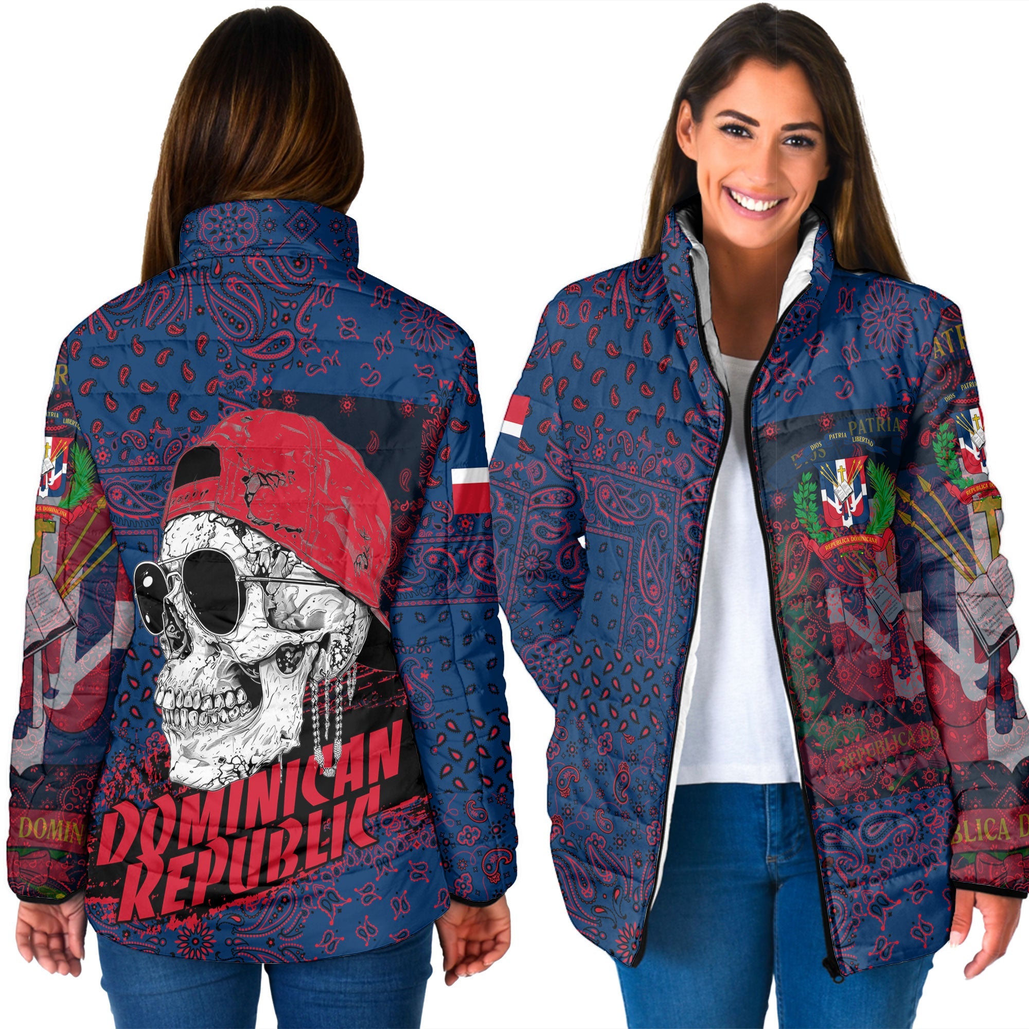 Dominican Republic Women Padded Jacket Paisley Flag And Skull Style 3