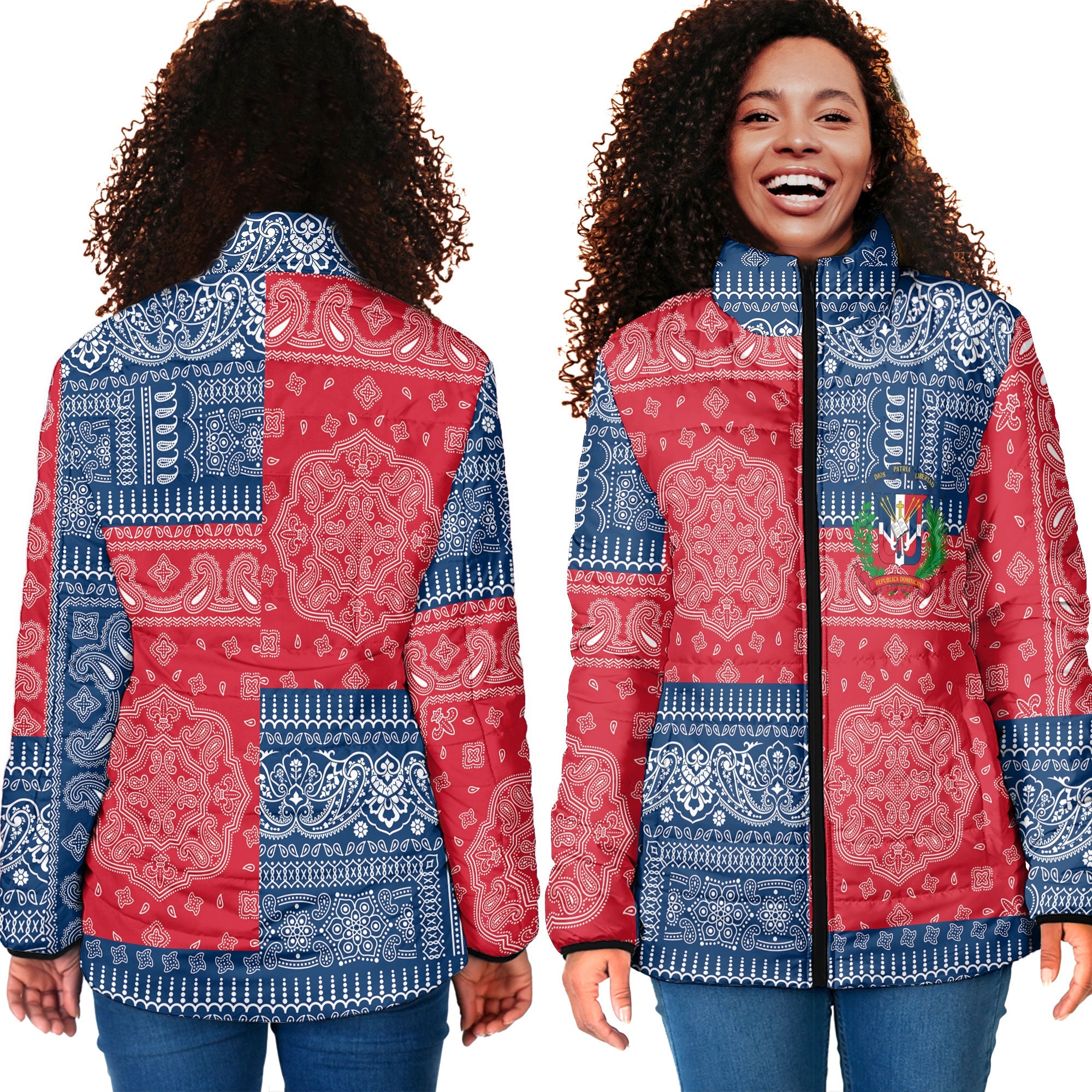 Dominican Republic Women Padded Jacket Flag And Paisley Basic Style 4