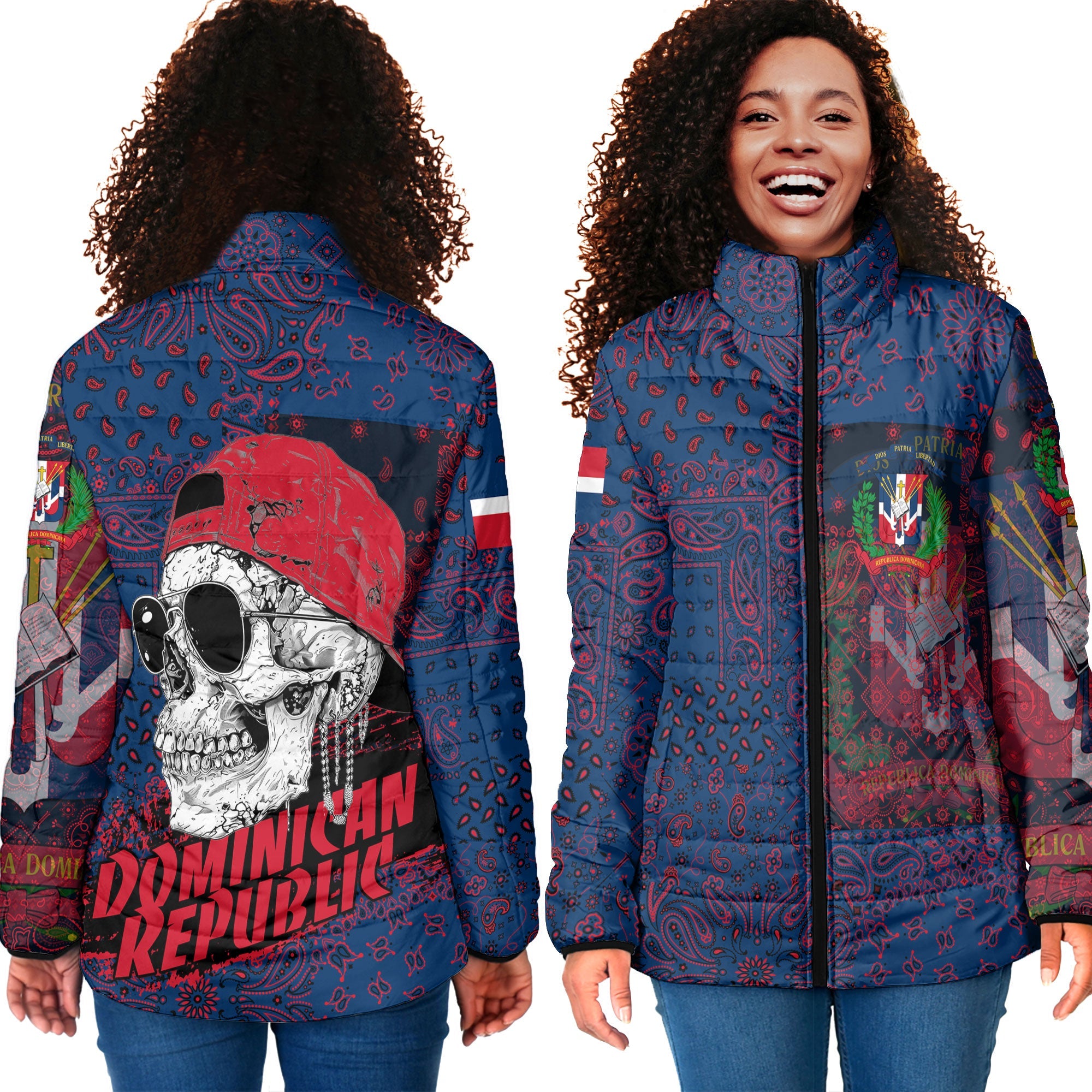 Dominican Republic Women Padded Jacket Paisley Flag And Skull Style 4