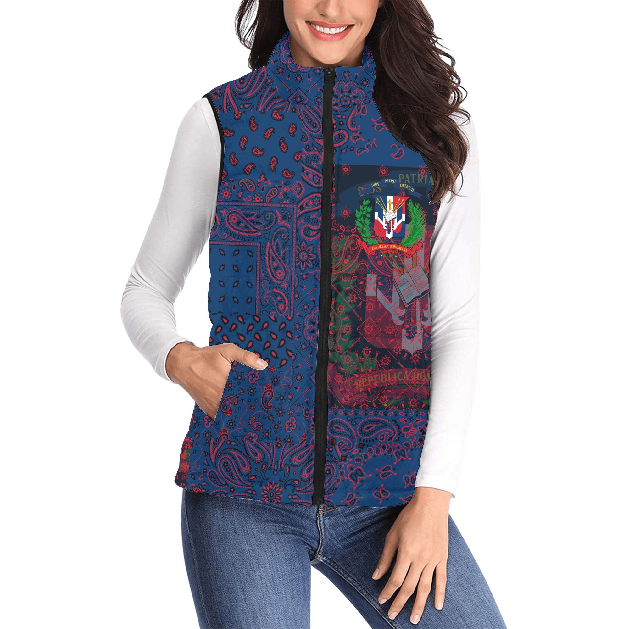 Dominican Republic Women Padded Jacket Vest Paisley Flag And Skull Style 1