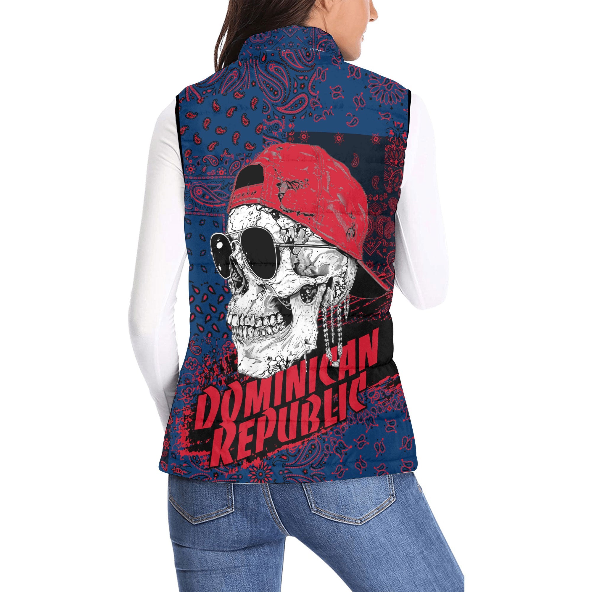 Dominican Republic Women Padded Jacket Vest Paisley Flag And Skull Style 2