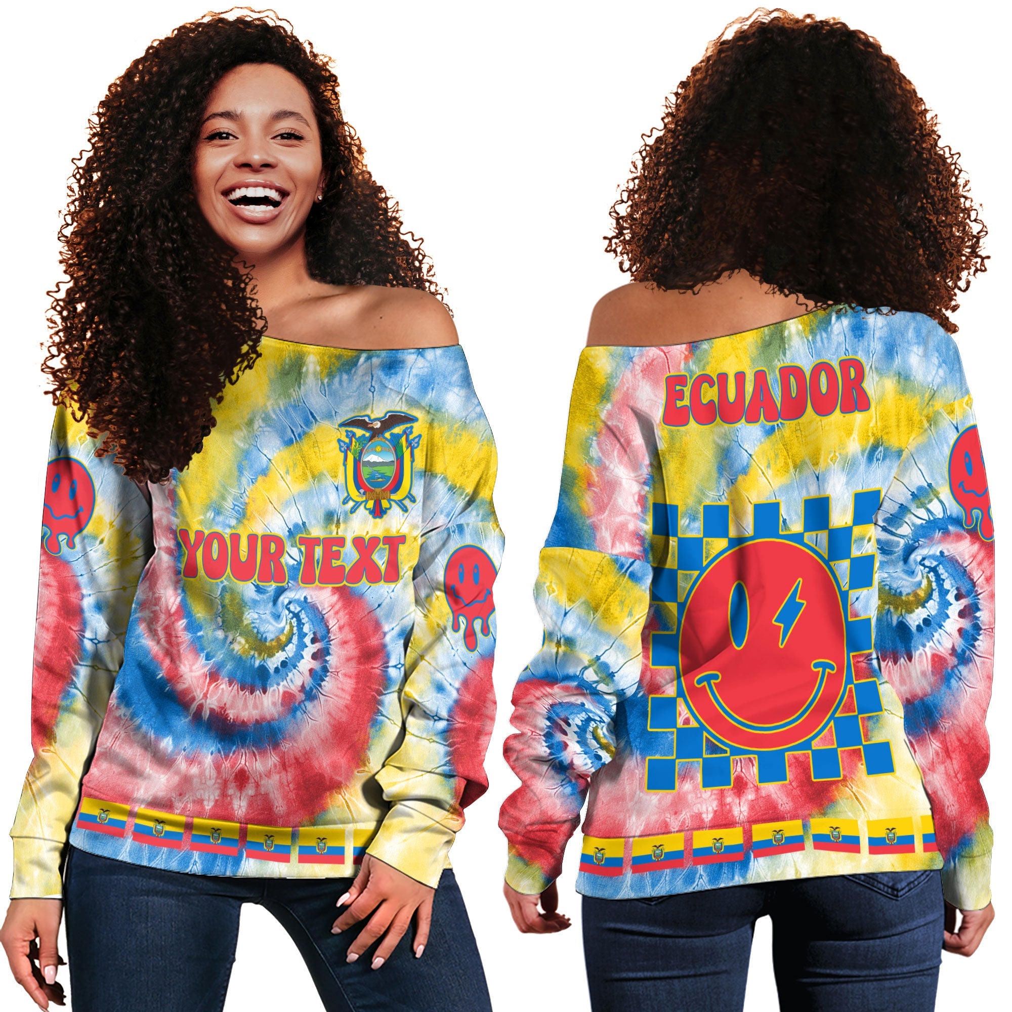 Ecuador Women Off Shoulder Sweatshirt Custom Tie Dye Style 3