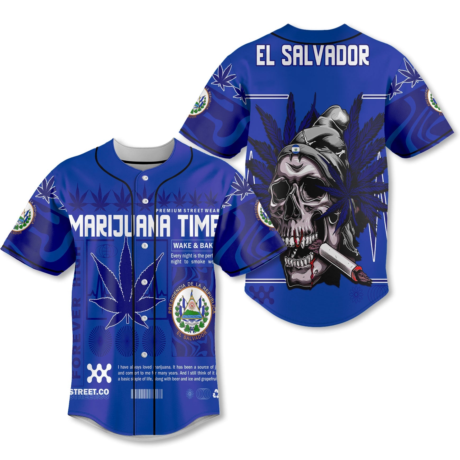 El Salvador Baseball Jersey Flag & Coat Of Arms Marijuanas Style