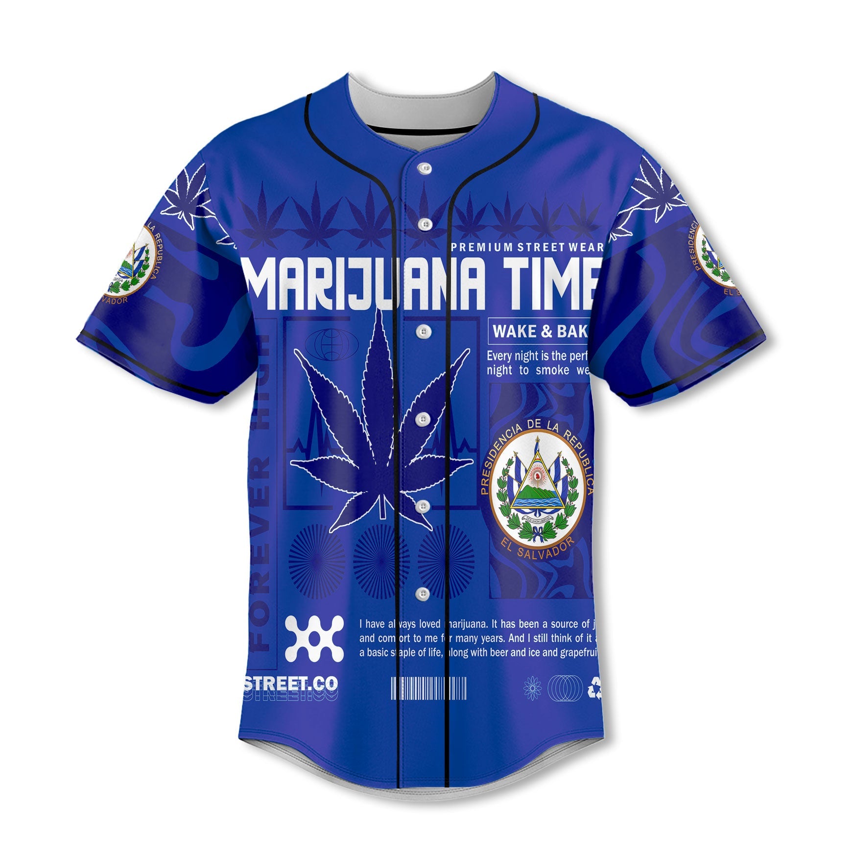 El Salvador Baseball Jersey Flag & Coat Of Arms Marijuanas Style