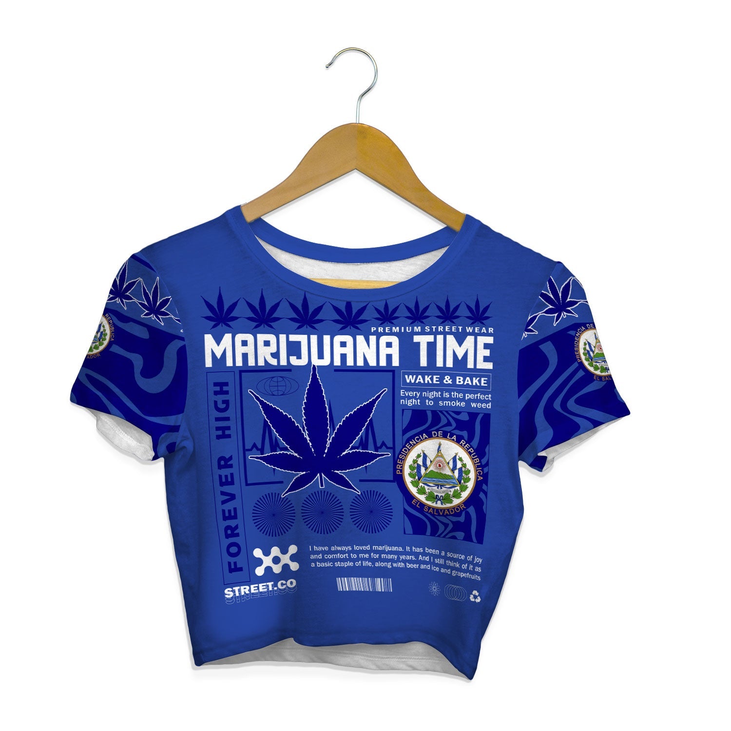 El Salvador Crop Top T Shirt Flag & Coat Of Arms Marijuanas Style