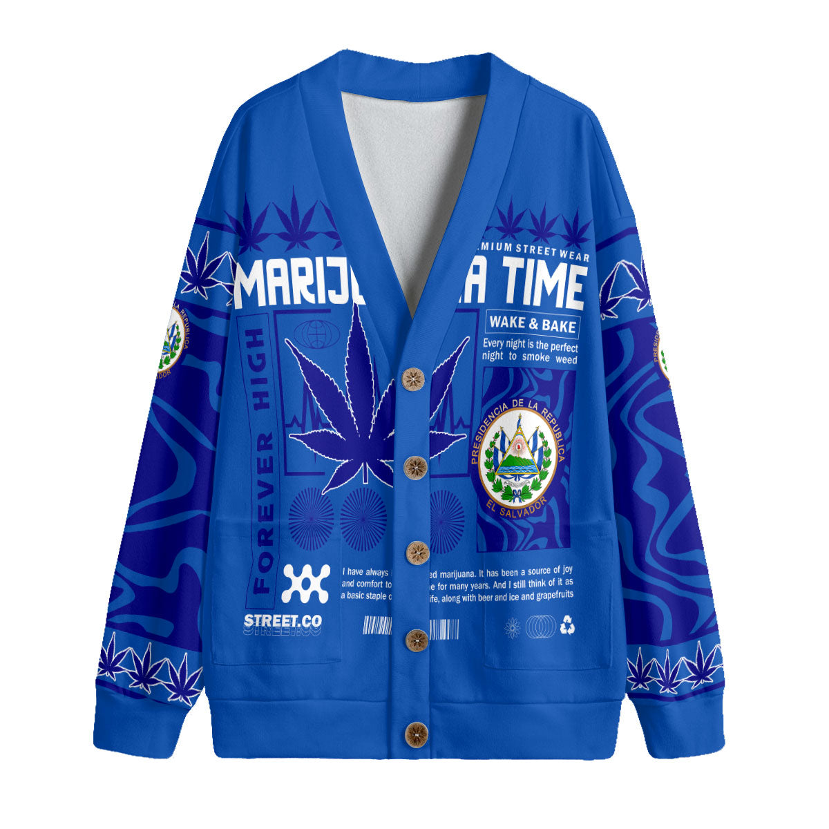 El Salvador Fleece Cardigan Flag & Coat Of Arms Marijuanas Style