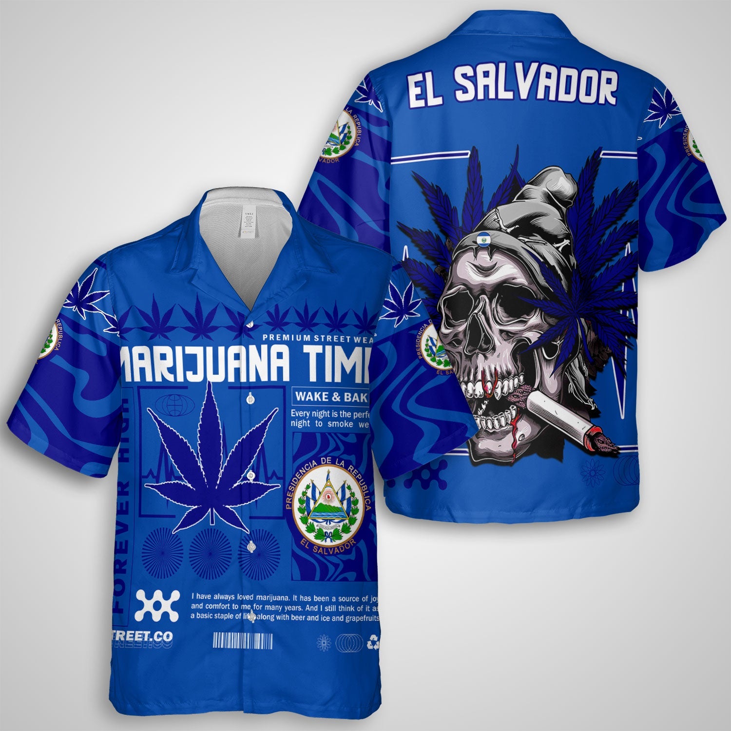 El Salvador Hawaiian Shirt Flag & Coat Of Arms Marijuanas Style