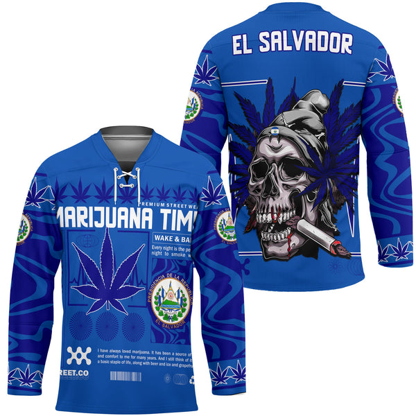 El Salvador Hockey Jersey Flag & Coat Of Arms Marijuanas Style