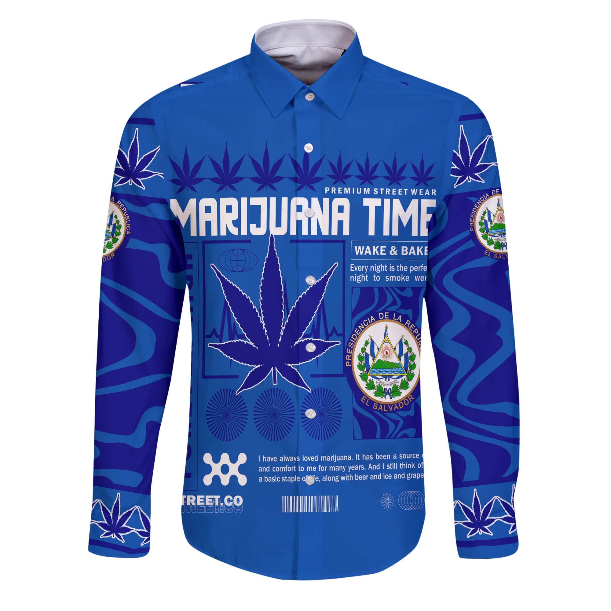 El Salvador Long Sleeve Button Shirt Flag & Coat Of Arms Marijuanas Style