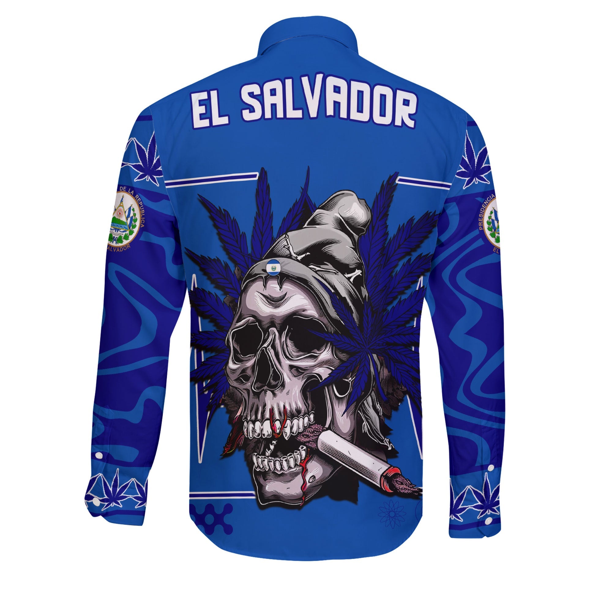 El Salvador Long Sleeve Button Shirt Flag & Coat Of Arms Marijuanas Style