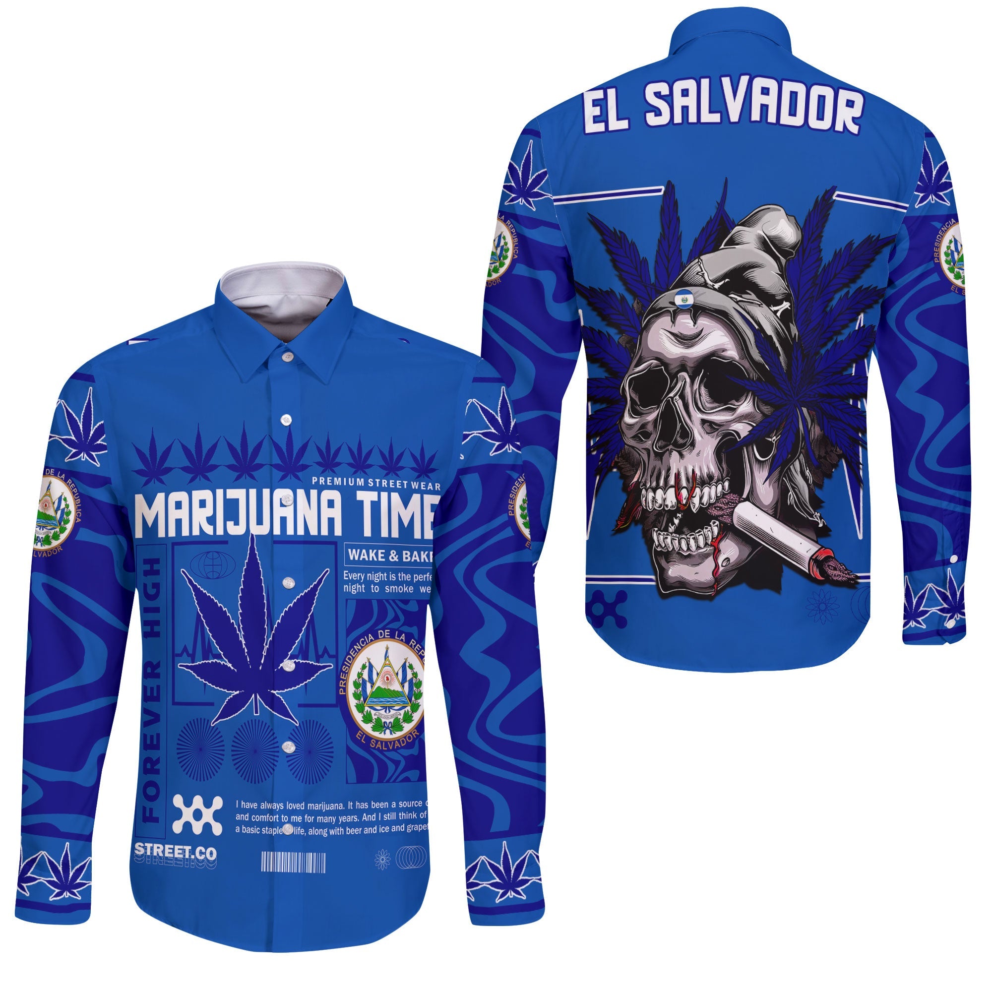 El Salvador Long Sleeve Button Shirt Flag & Coat Of Arms Marijuanas Style