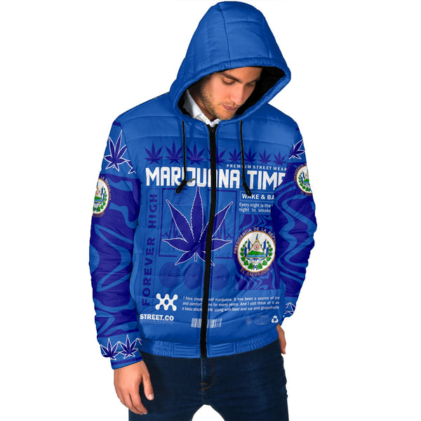 El Salvador Men Hooded Padded Jacket Flag & Coat Of Arms Marijuanas Style