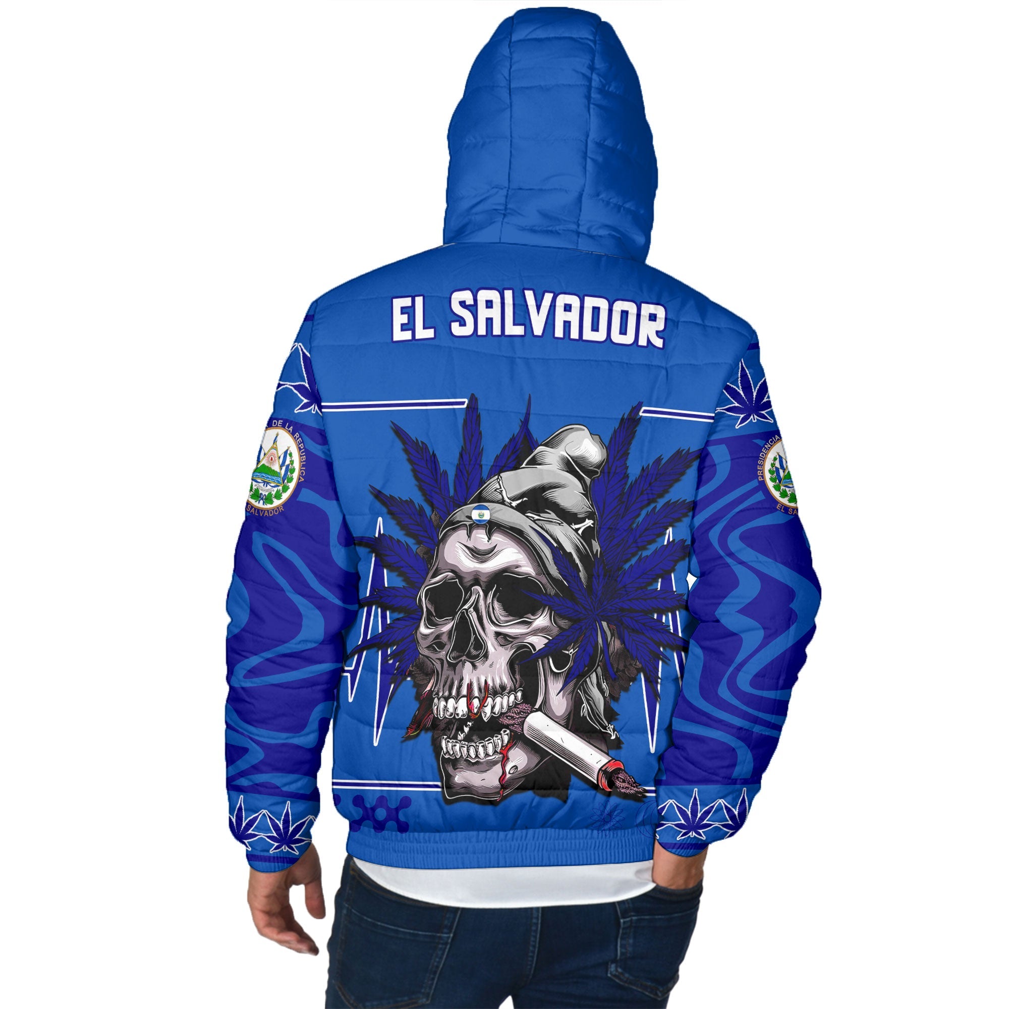 El Salvador Men Hooded Padded Jacket Flag & Coat Of Arms Marijuanas Style