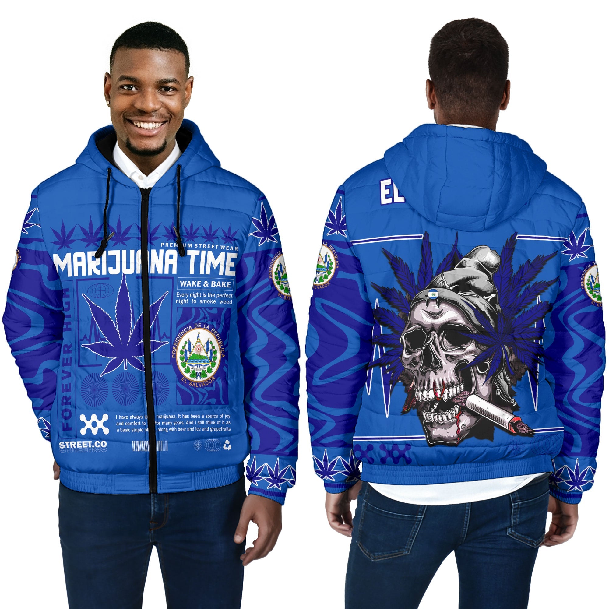 El Salvador Men Hooded Padded Jacket Flag & Coat Of Arms Marijuanas Style