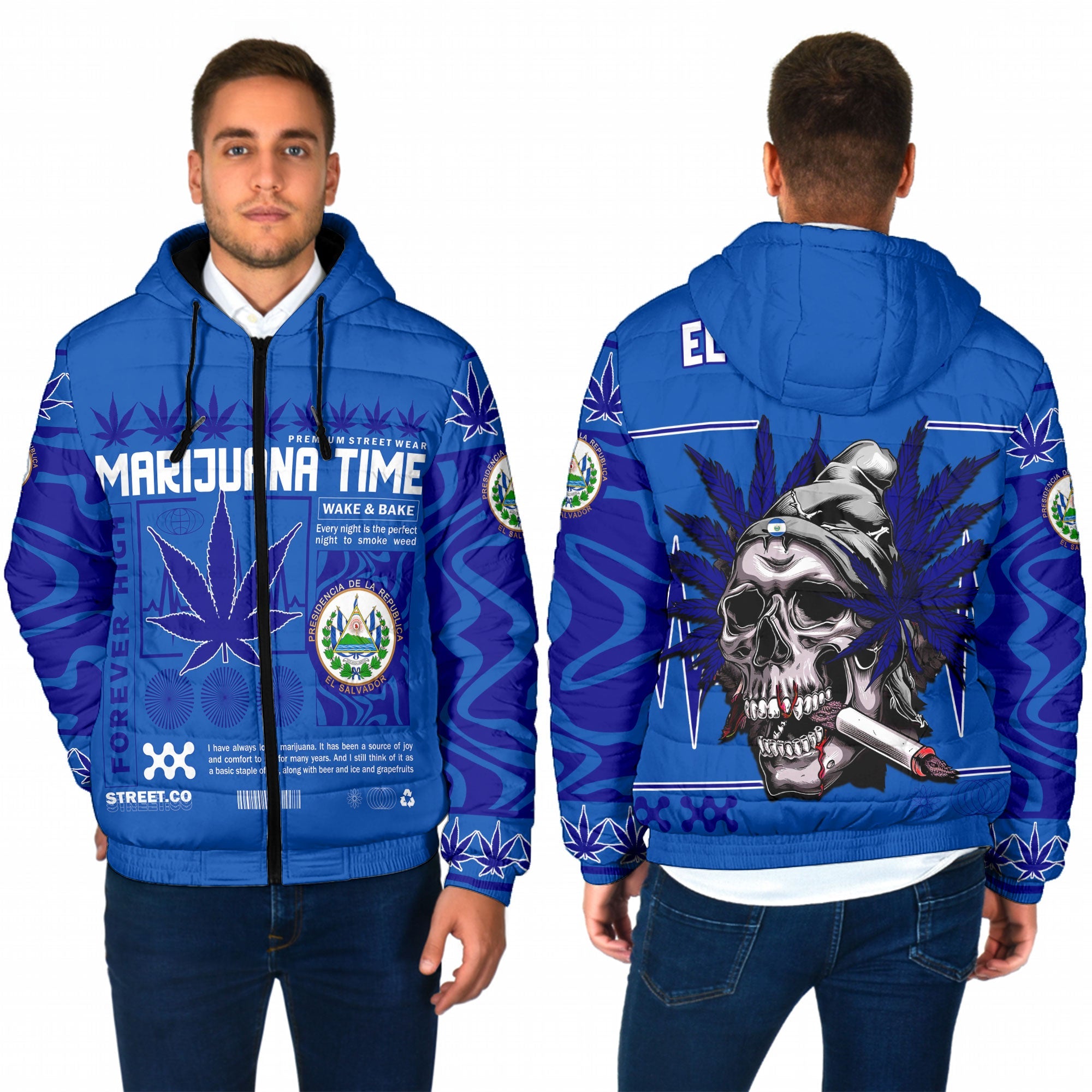 El Salvador Men Hooded Padded Jacket Flag & Coat Of Arms Marijuanas Style