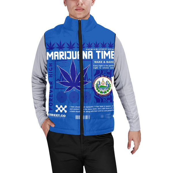 El Salvador Men Padded Jacket Vest Flag & Coat Of Arms Marijuanas Style