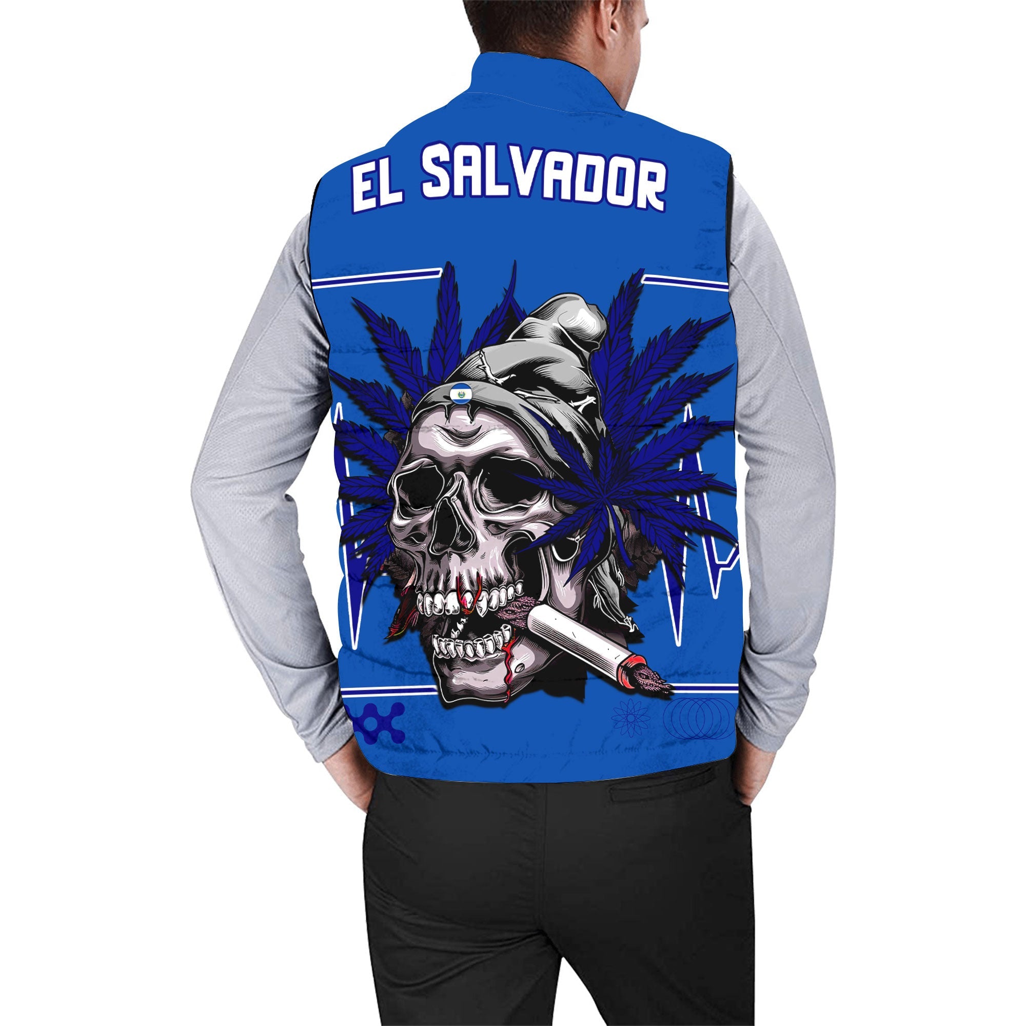 El Salvador Men Padded Jacket Vest Flag & Coat Of Arms Marijuanas Style