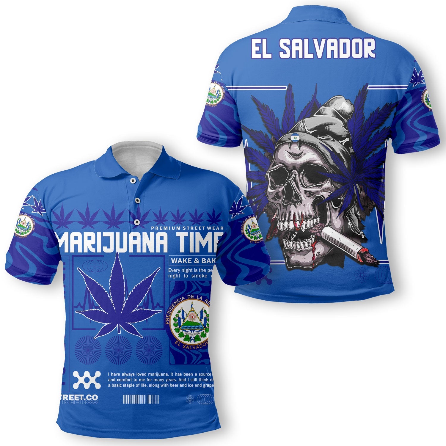 El Salvador Polo Shirt Flag & Coat Of Arms Marijuanas Style