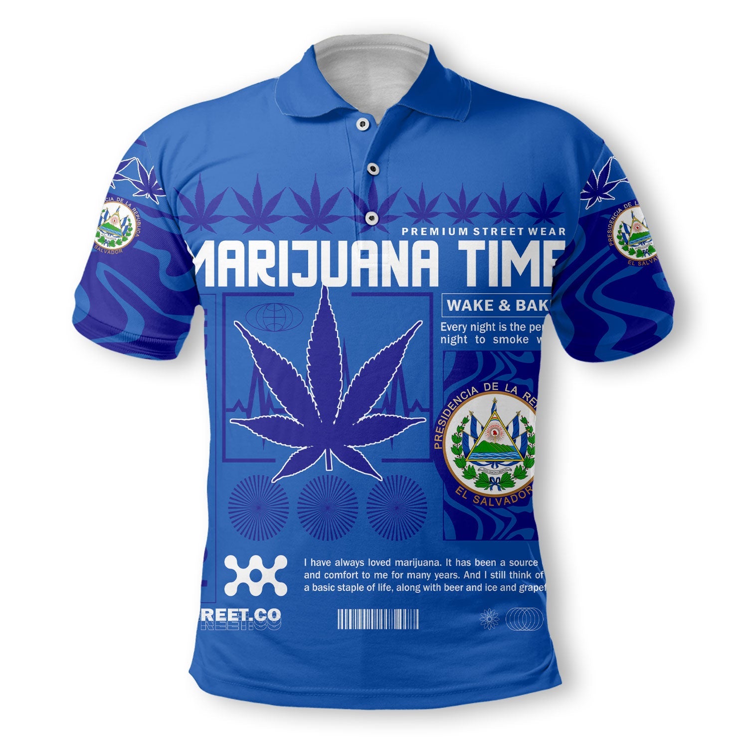 El Salvador Polo Shirt Flag & Coat Of Arms Marijuanas Style