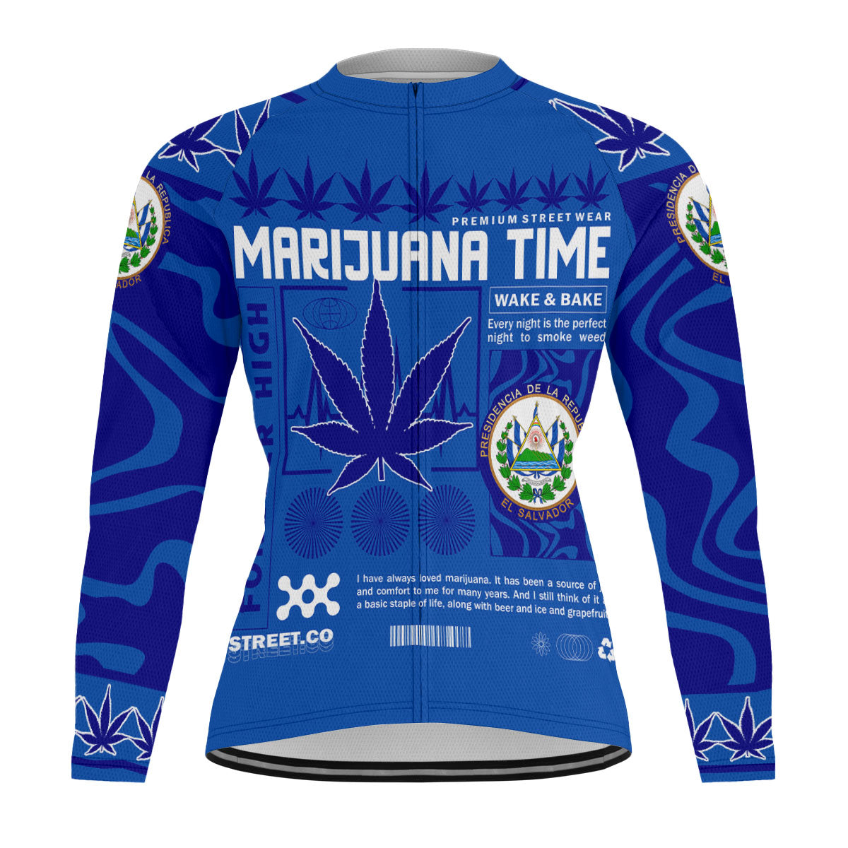 El Salvador Men's Cycling Jersey Long Sleeve Flag & Coat Of Arms Marijuanas Style