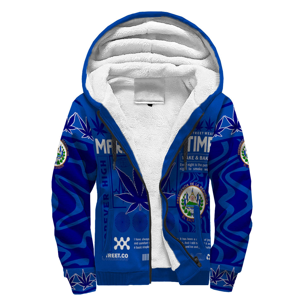 El Salvador Sherpa Hoodie Flag & Coat Of Arms Marijuanas Style