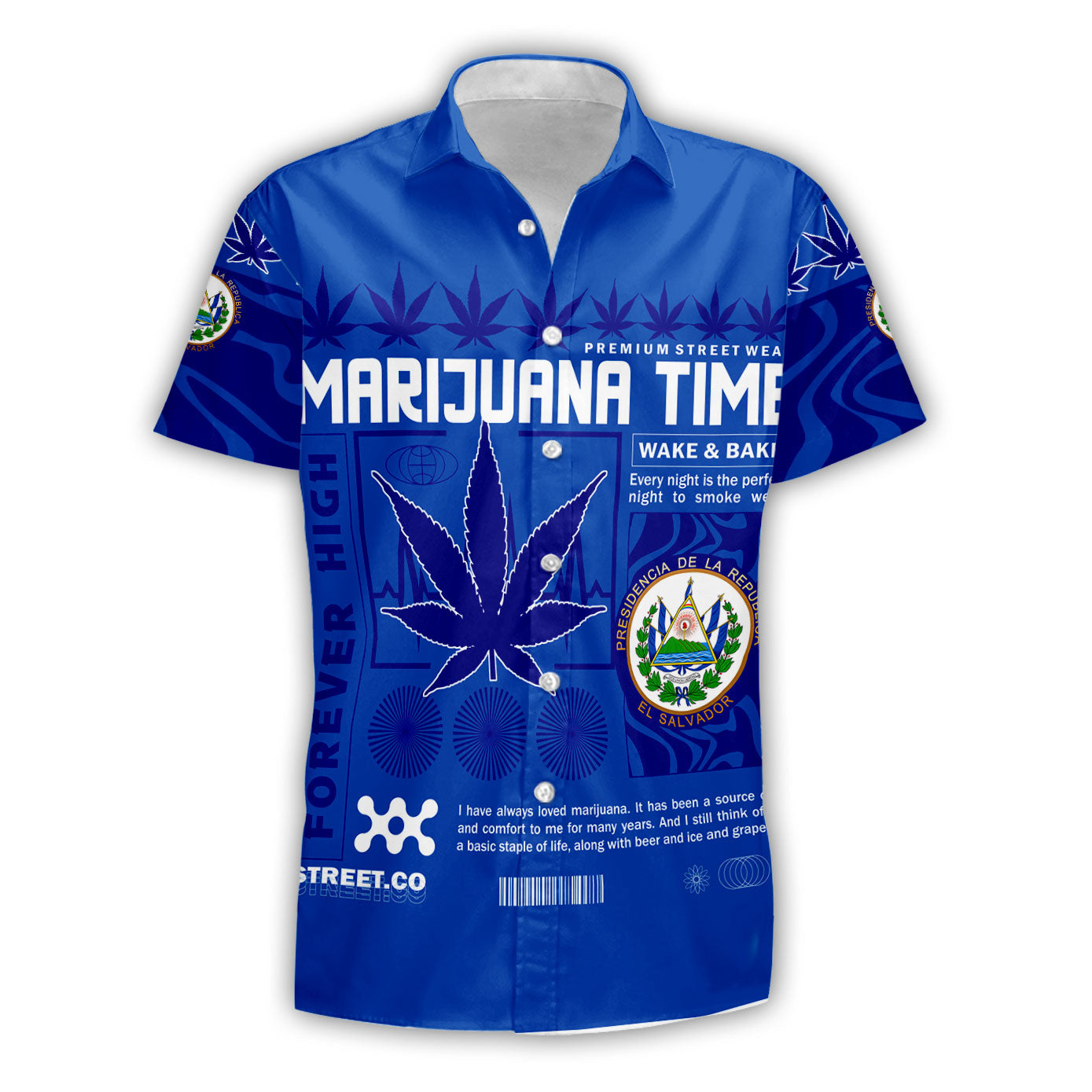 El Salvador Short Sleeve Shirt Flag & Coat Of Arms Marijuanas Style