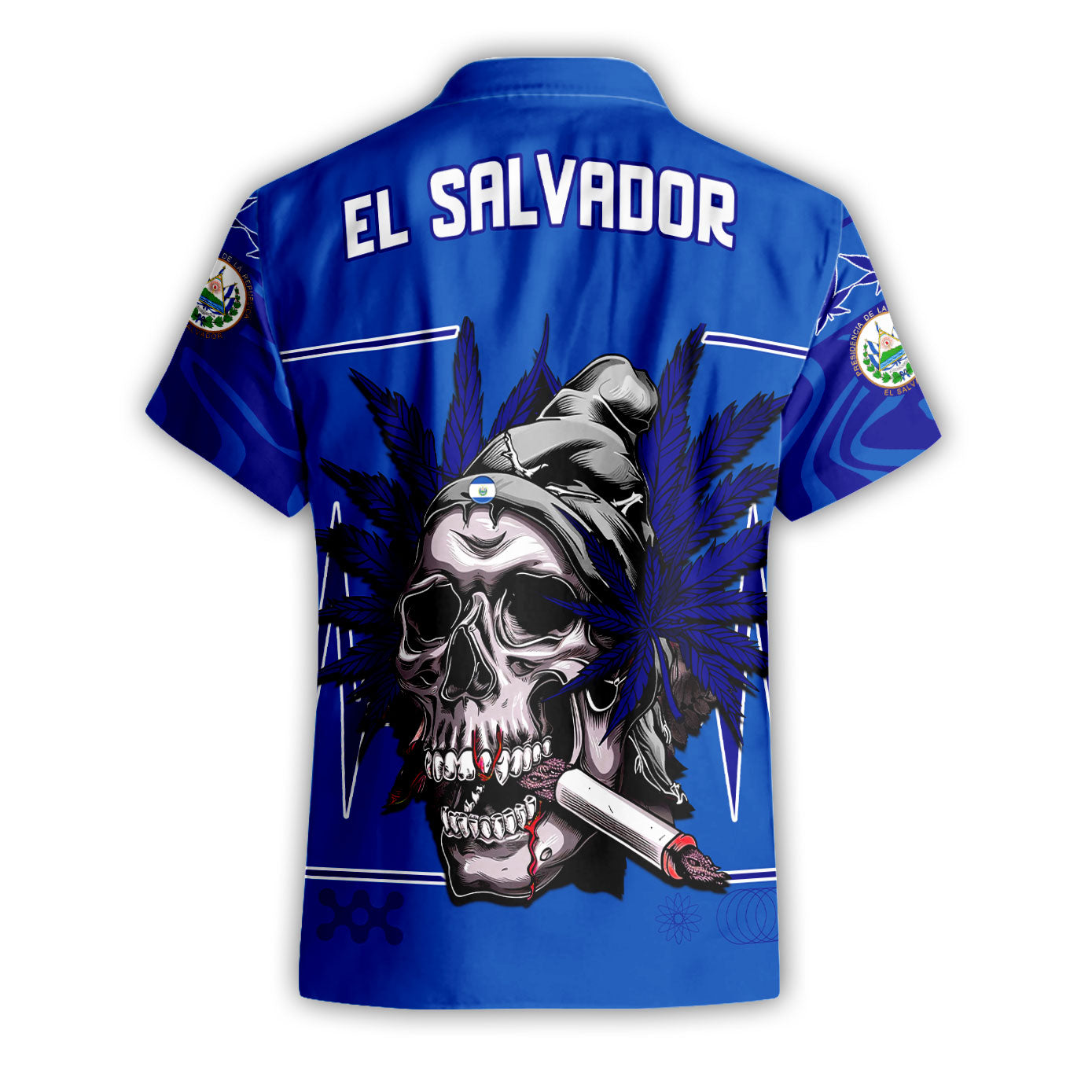 El Salvador Short Sleeve Shirt Flag & Coat Of Arms Marijuanas Style