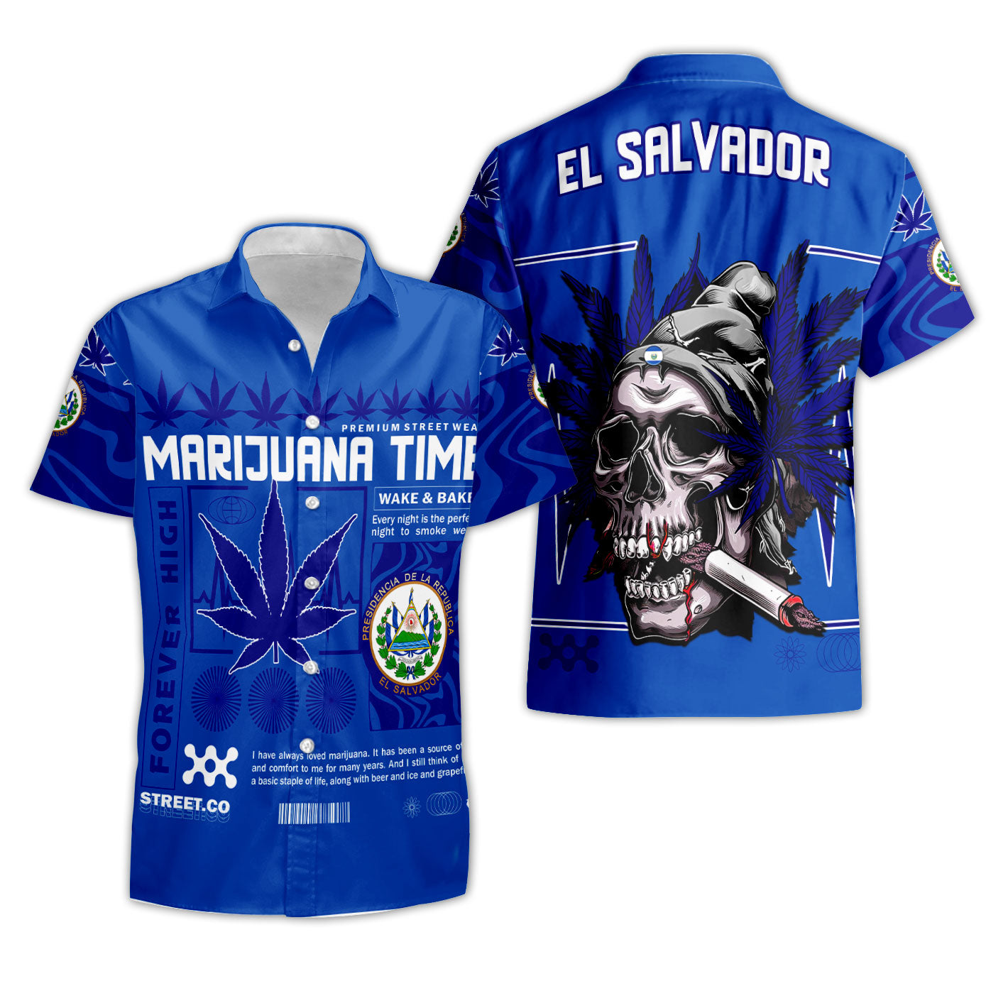 El Salvador Short Sleeve Shirt Flag & Coat Of Arms Marijuanas Style