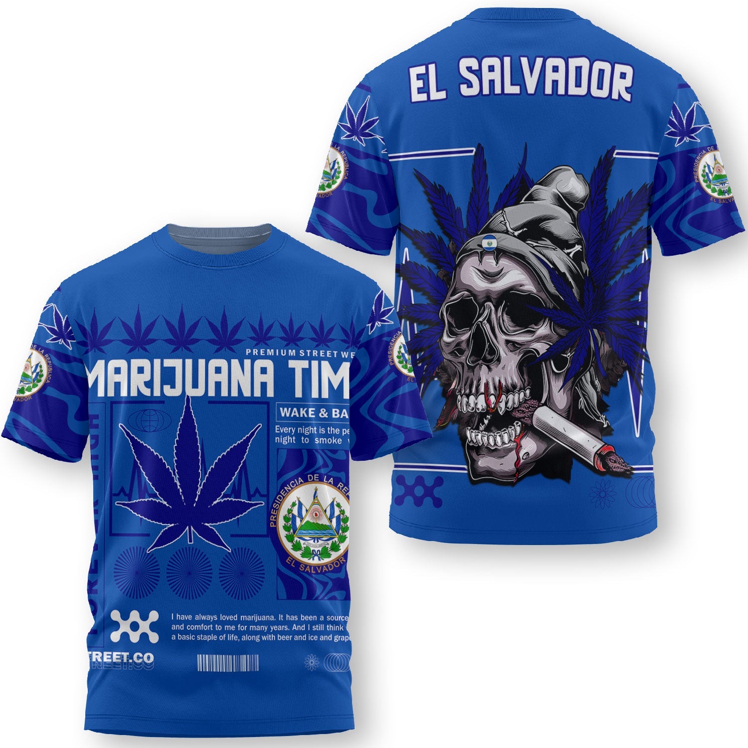 El Salvador T Shirt Flag & Coat Of Arms Marijuanas Style