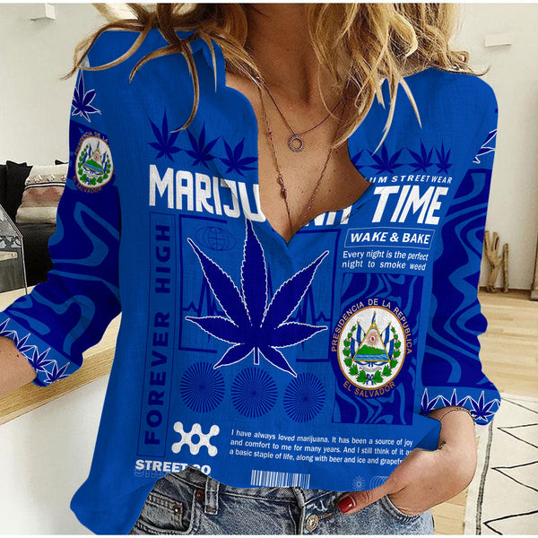 El Salvador Women Casual Shirt Flag & Coat Of Arms Marijuanas Style