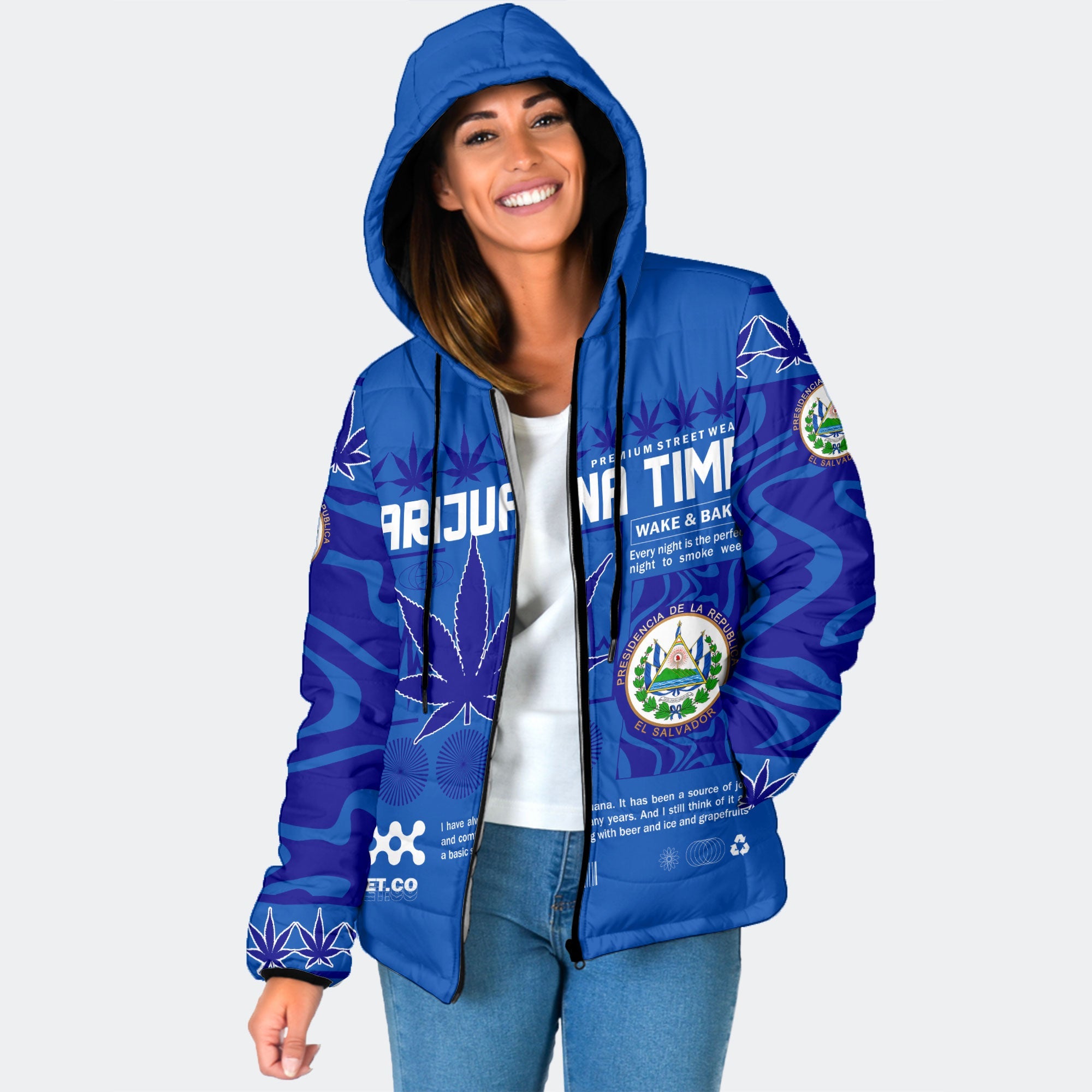 El Salvador Women Hooded Padded Jacket Flag & Coat Of Arms Marijuanas Style