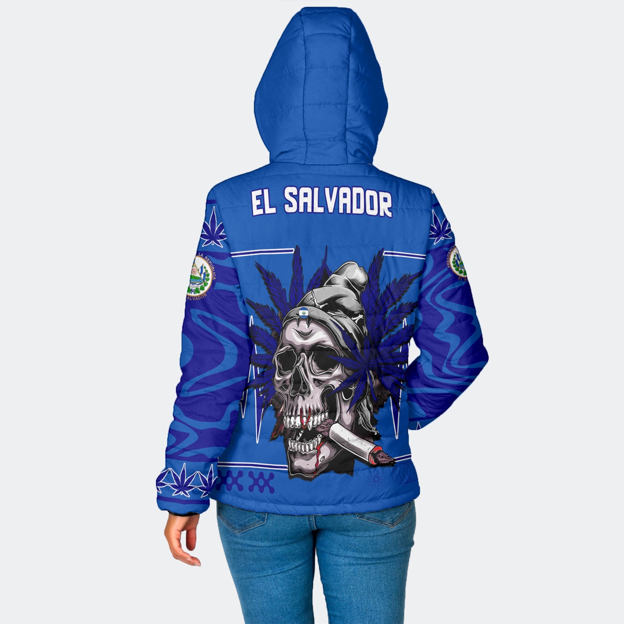 El Salvador Women Hooded Padded Jacket Flag & Coat Of Arms Marijuanas Style