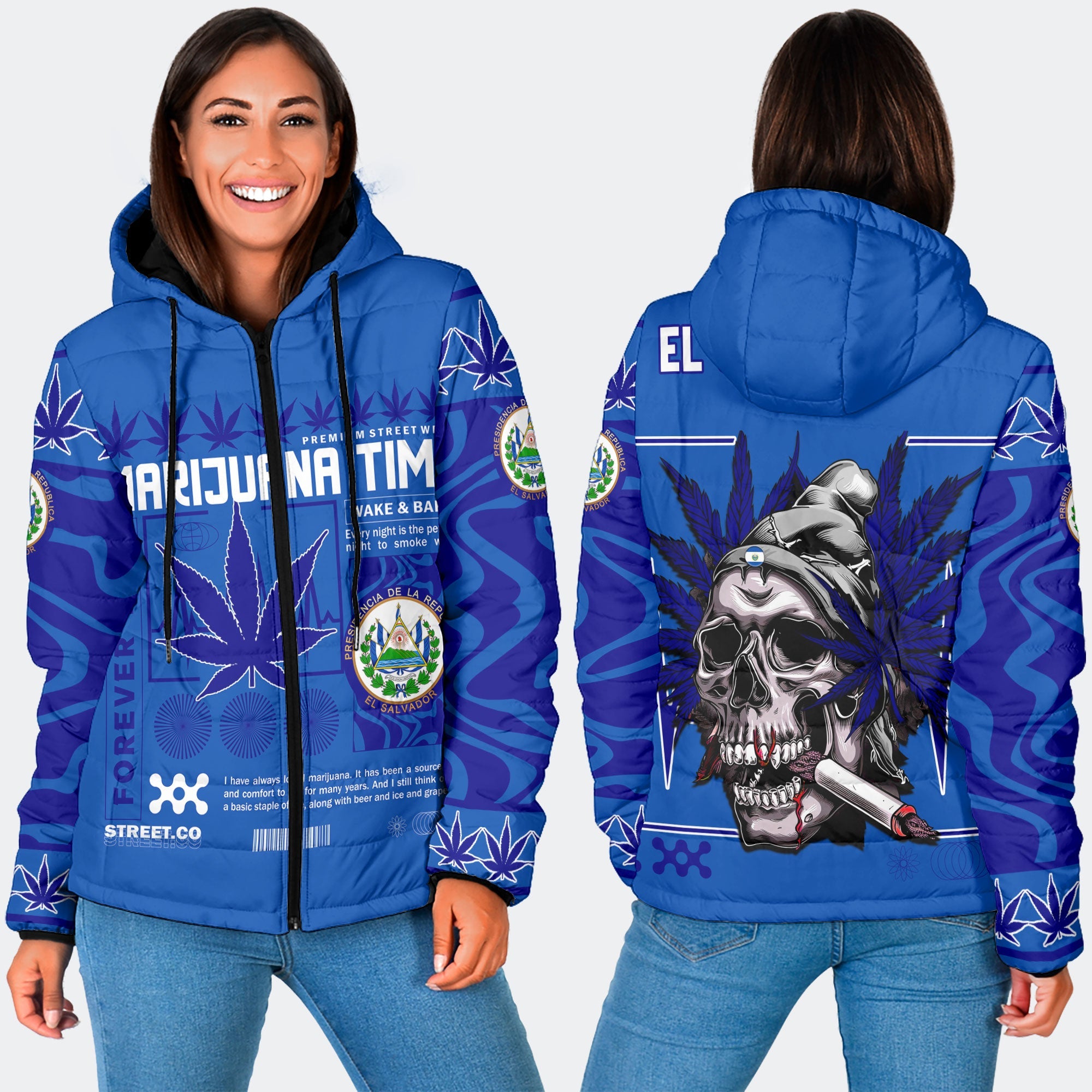 El Salvador Women Hooded Padded Jacket Flag & Coat Of Arms Marijuanas Style