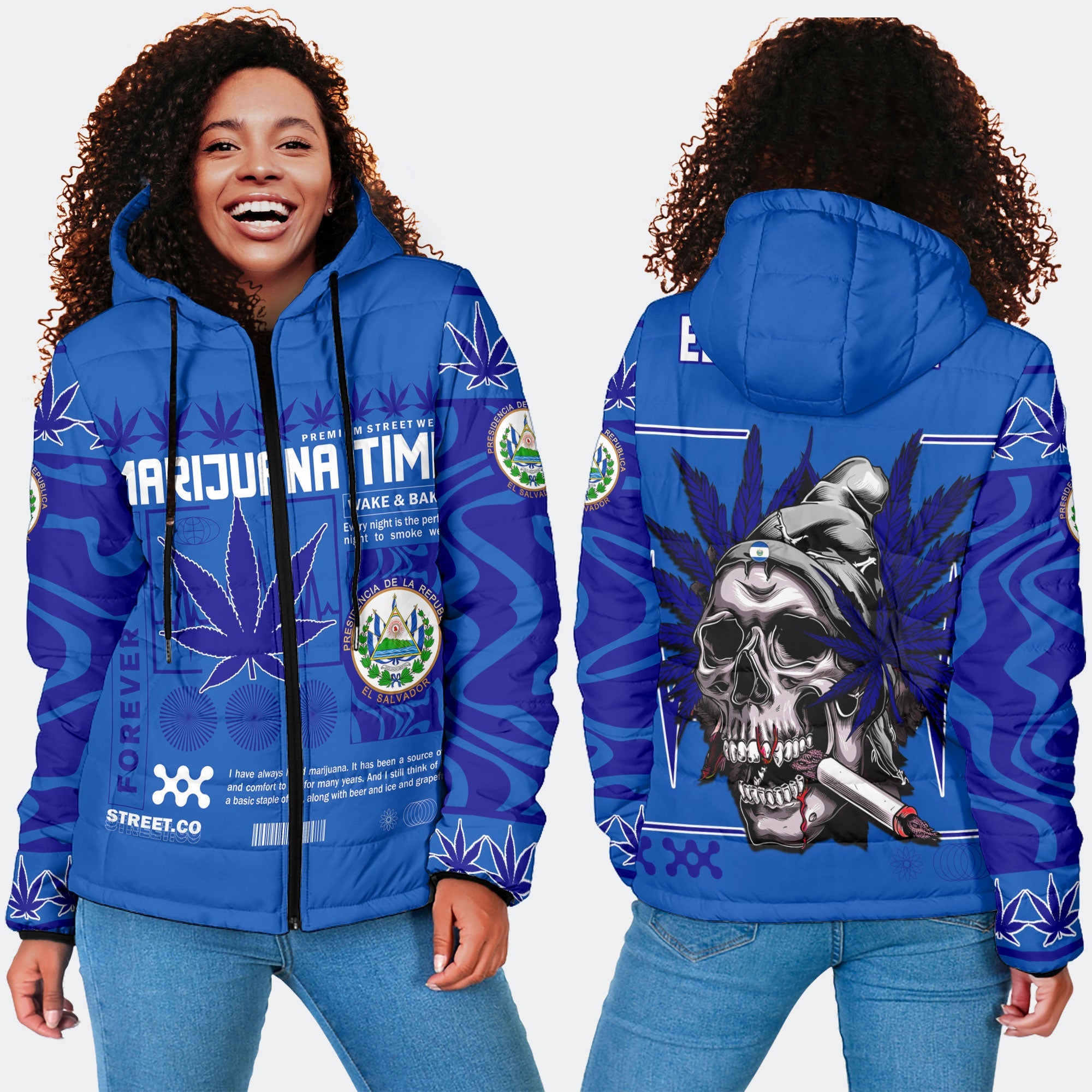 El Salvador Women Hooded Padded Jacket Flag & Coat Of Arms Marijuanas Style