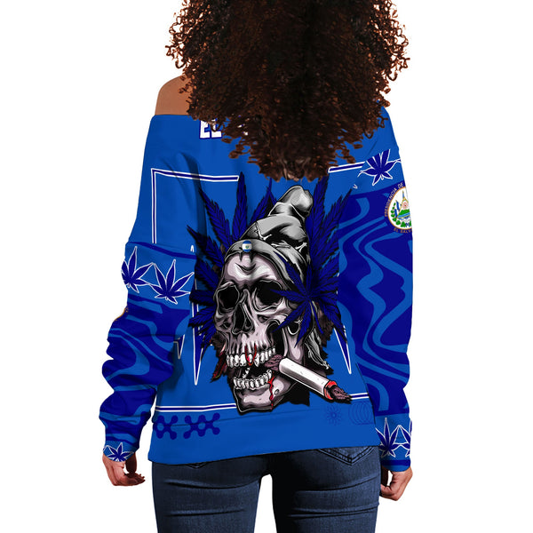 El Salvador Women Off Shoulder Sweatshirt Flag & Coat Of Arms Marijuanas Style