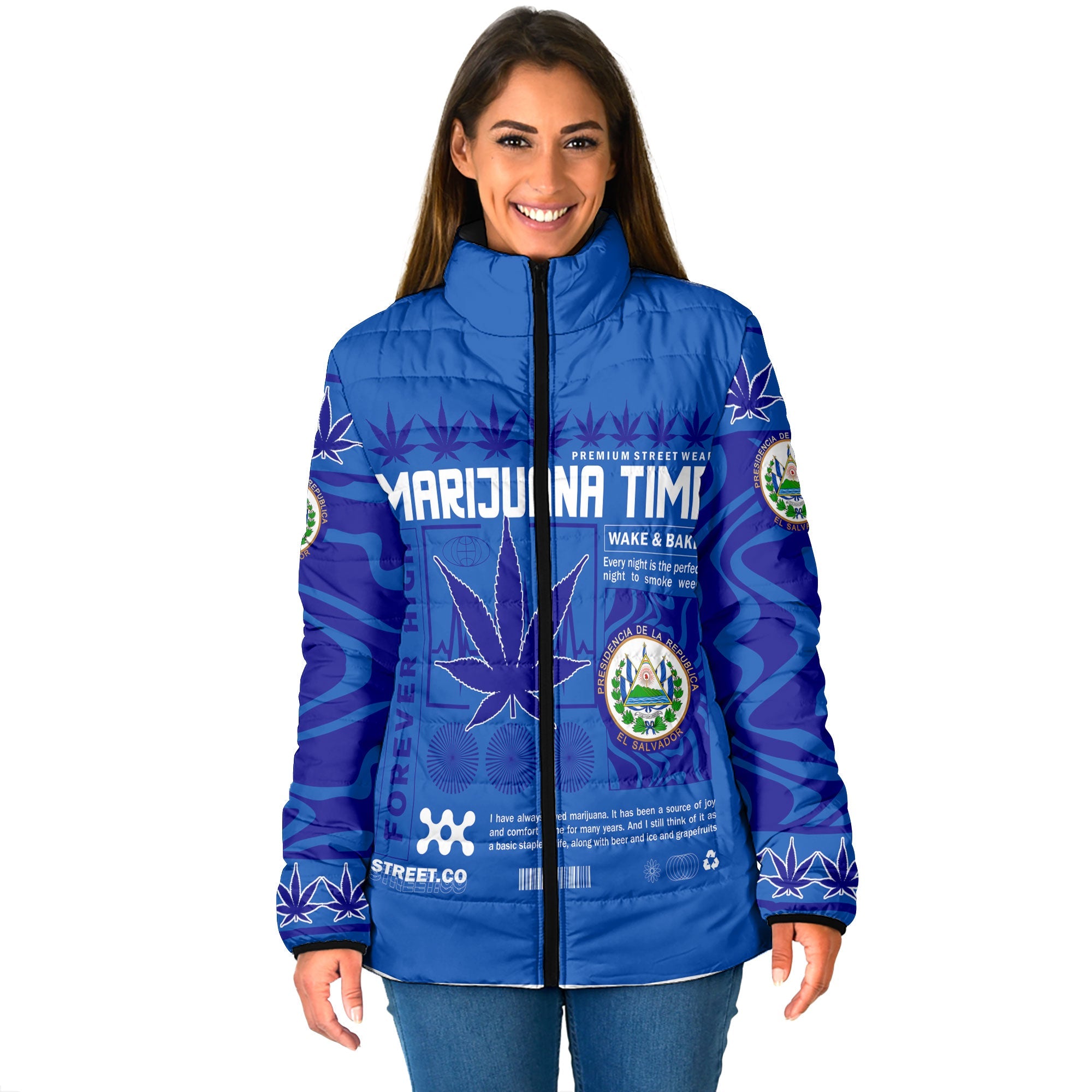 El Salvador Women Padded Jacket Flag & Coat Of Arms Marijuanas Style